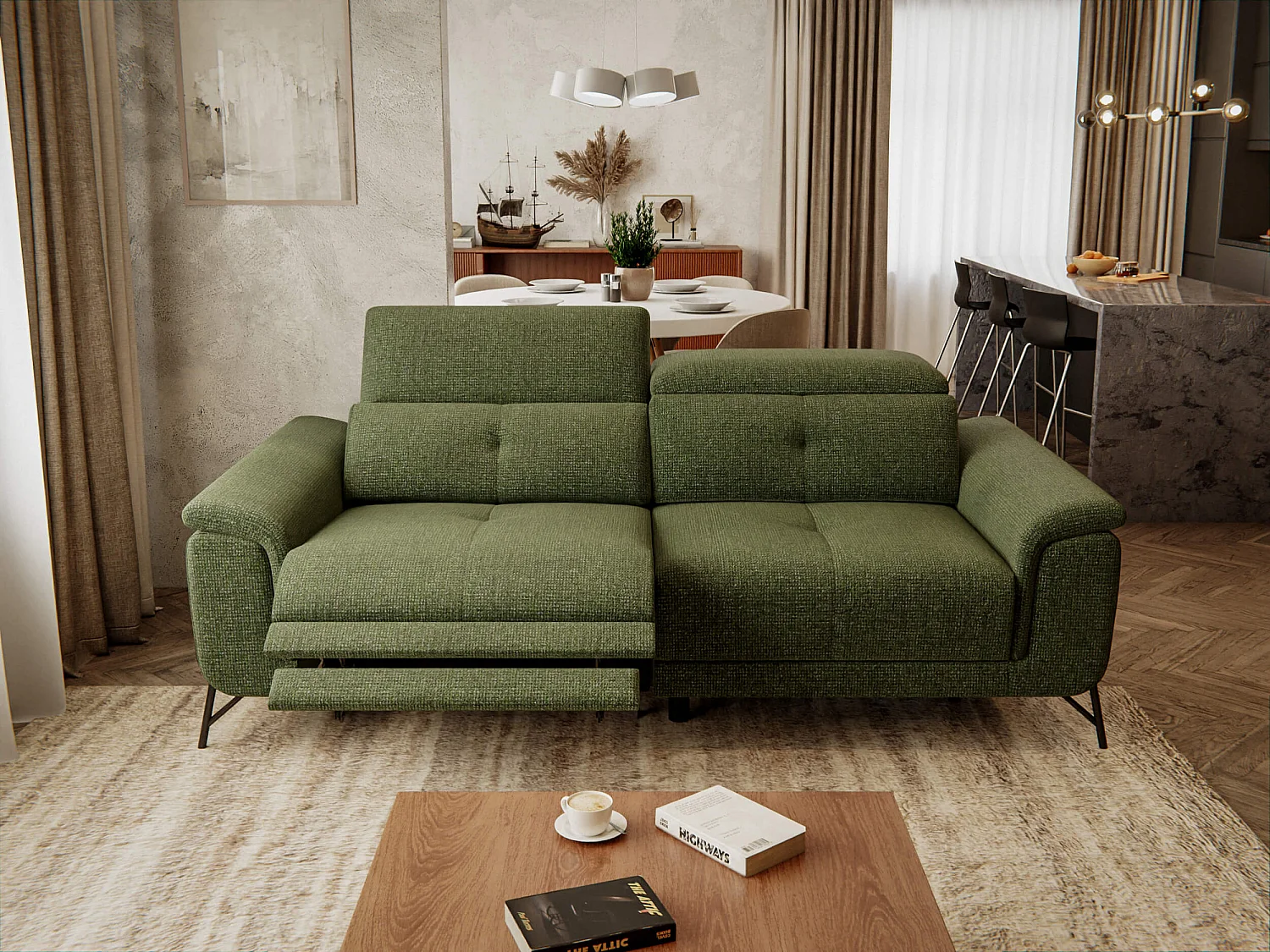 Canapé droit 3 places avec un relax électrique à gauche tissu vert - AVENA