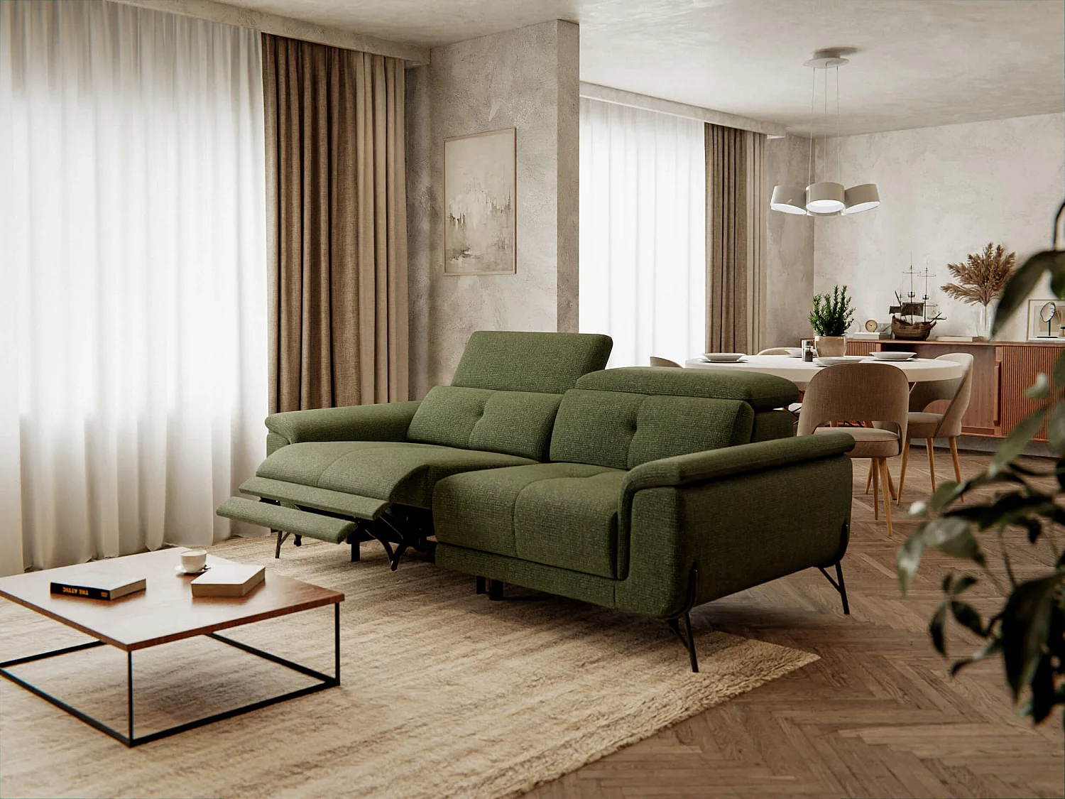 AVENA Sofa 3-Sitzer mit 1 Relaxfunktion und verstellbare Kopfstützen, olive