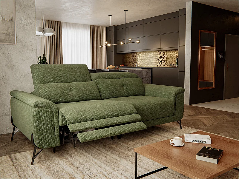 AVENA Sofa 3-Sitzer mit 1 Relaxfunktion und verstellbare Kopfstützen, olive