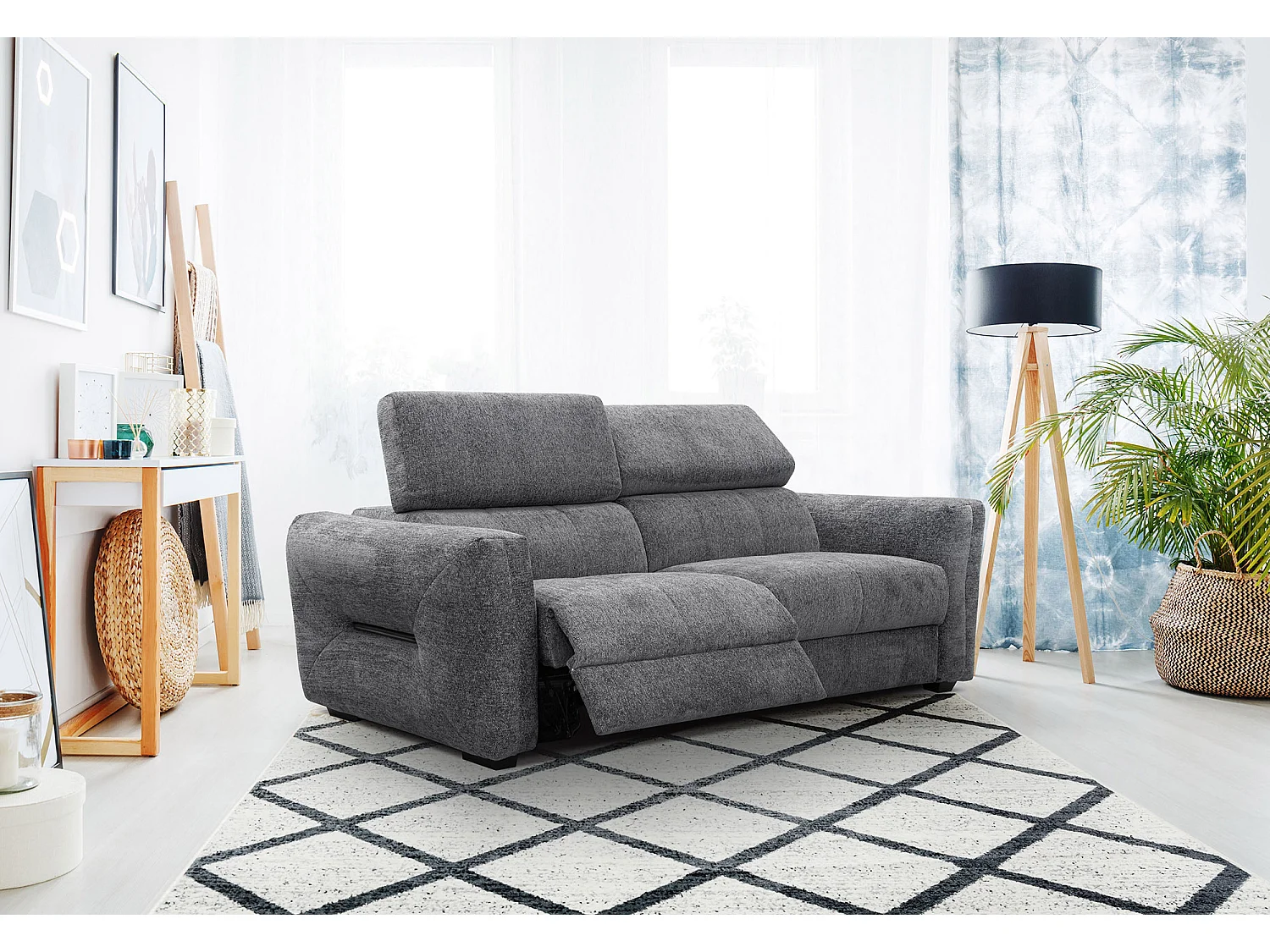 Canapé droit Calvera 3 places avec relax électrique à gauche tissu gris foncé