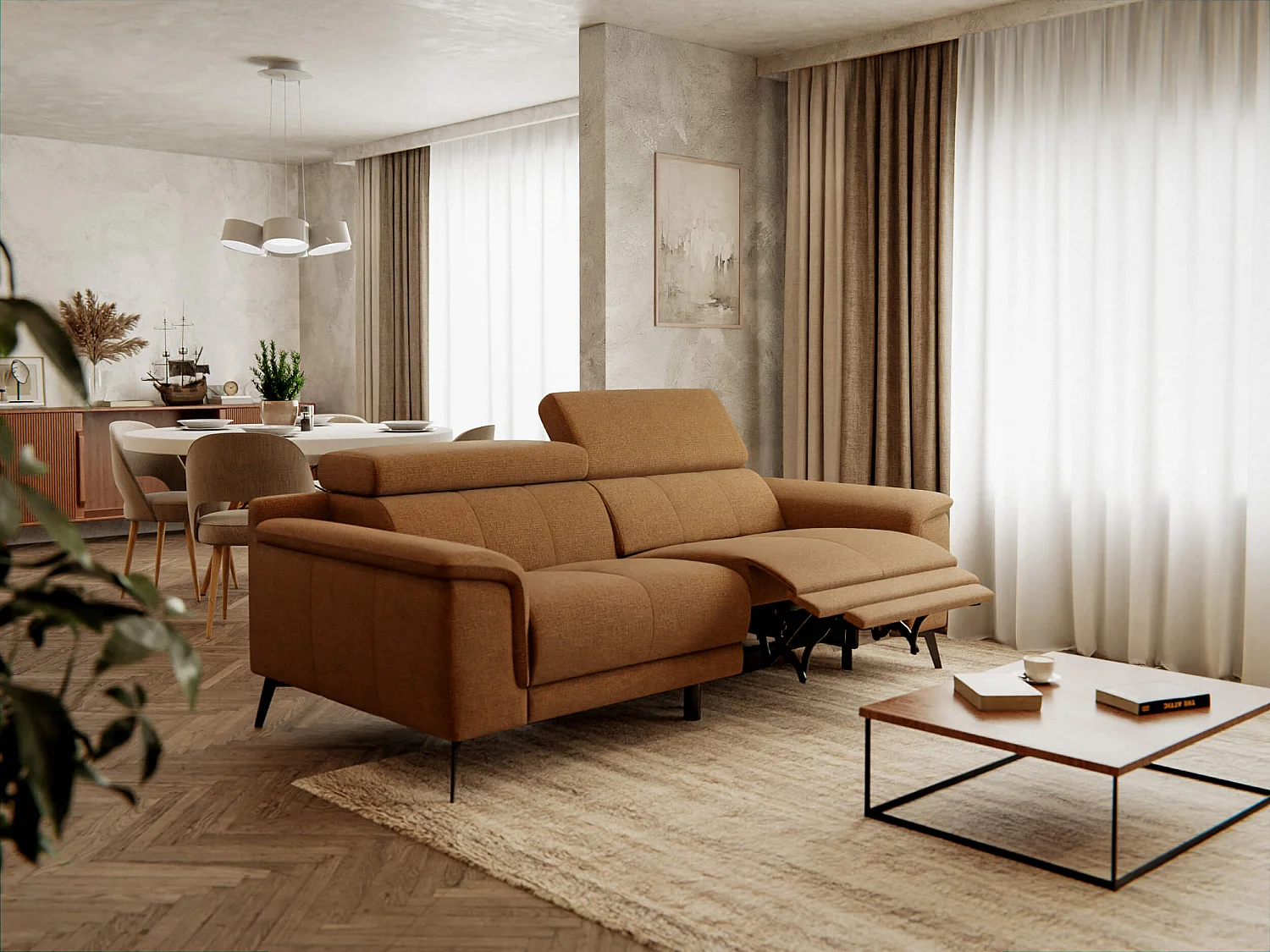 Canapé droit Fiero 3 places avec un relax électrique côté droit tissu orange