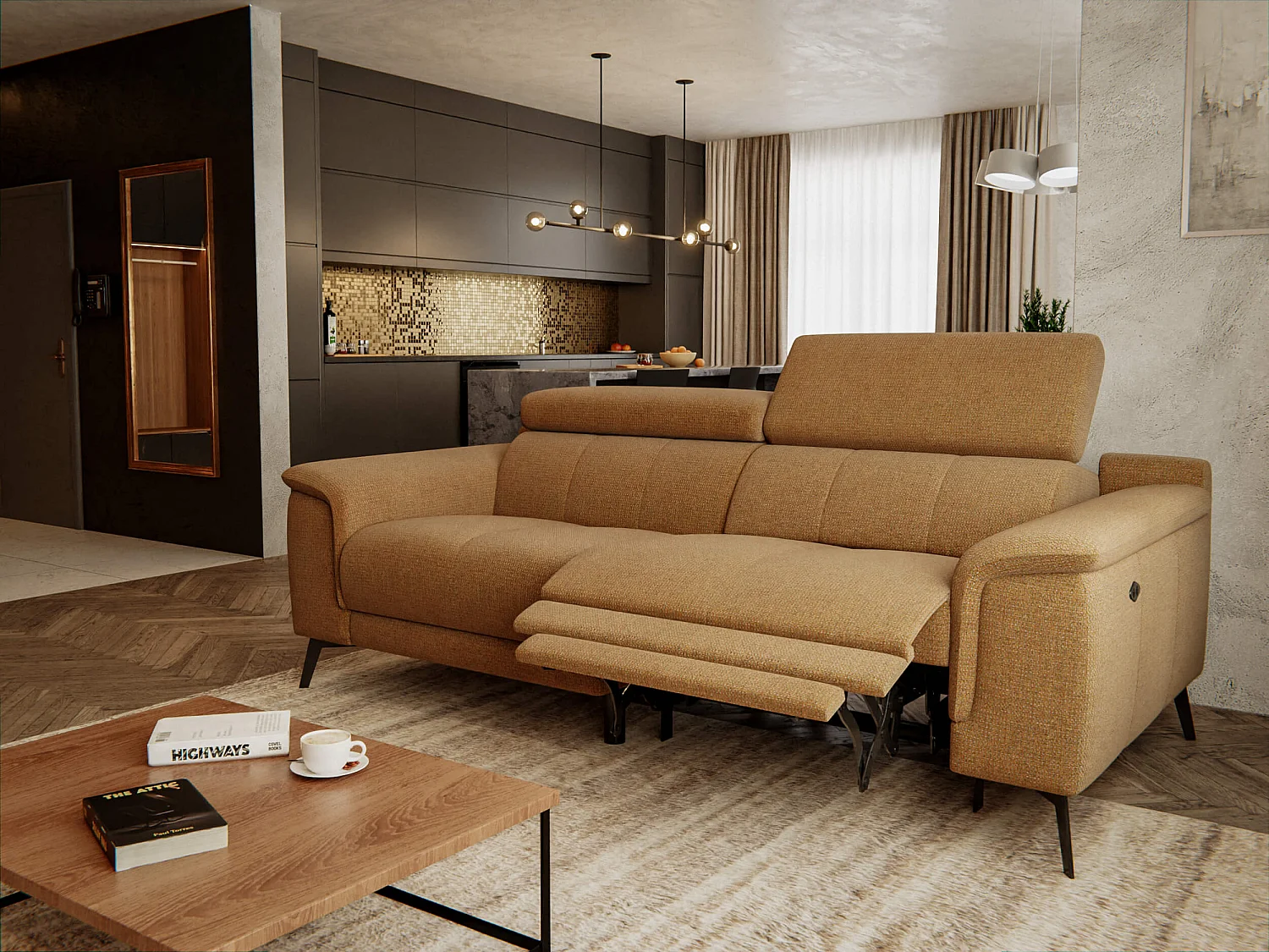 FIERO Sofa 3-Sitzer mit 1 Relaxfunktion und verstellbare Kopfstützen, orange