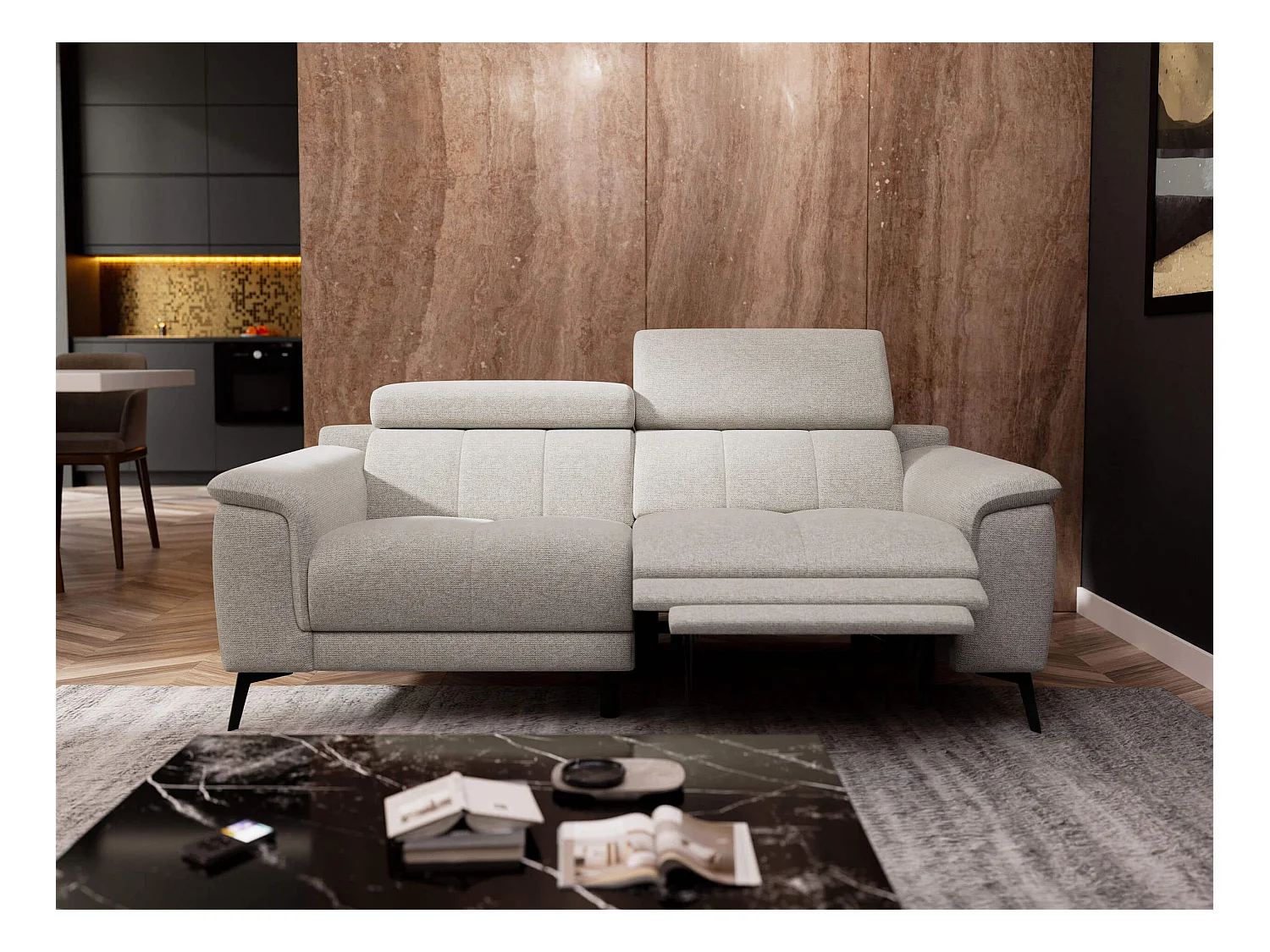 Canapé droit Fiero 3 places avec un relax électrique côté droit tissu beige clair