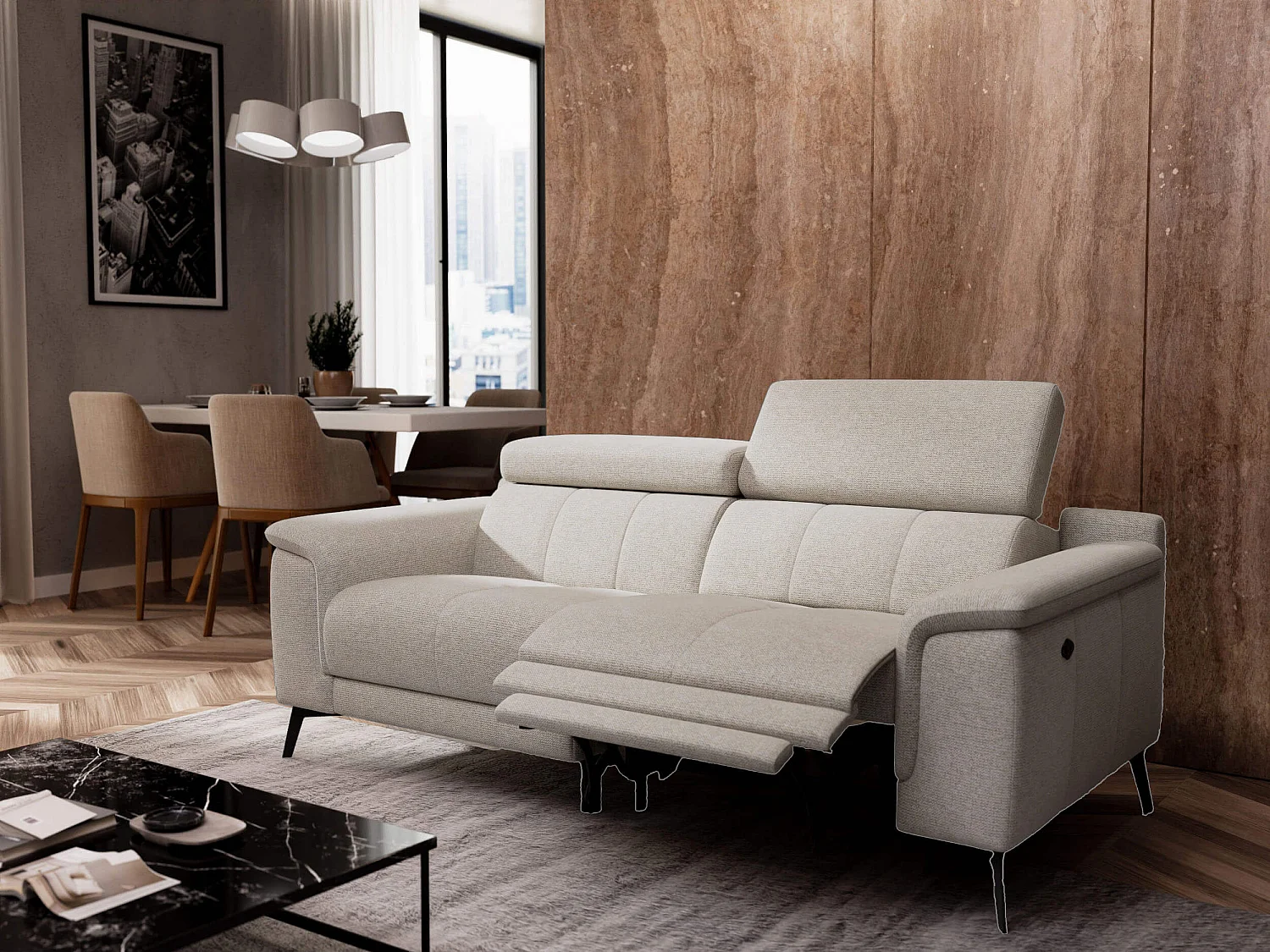 Canapé droit Fiero 3 places avec un relax électrique côté droit tissu beige clair