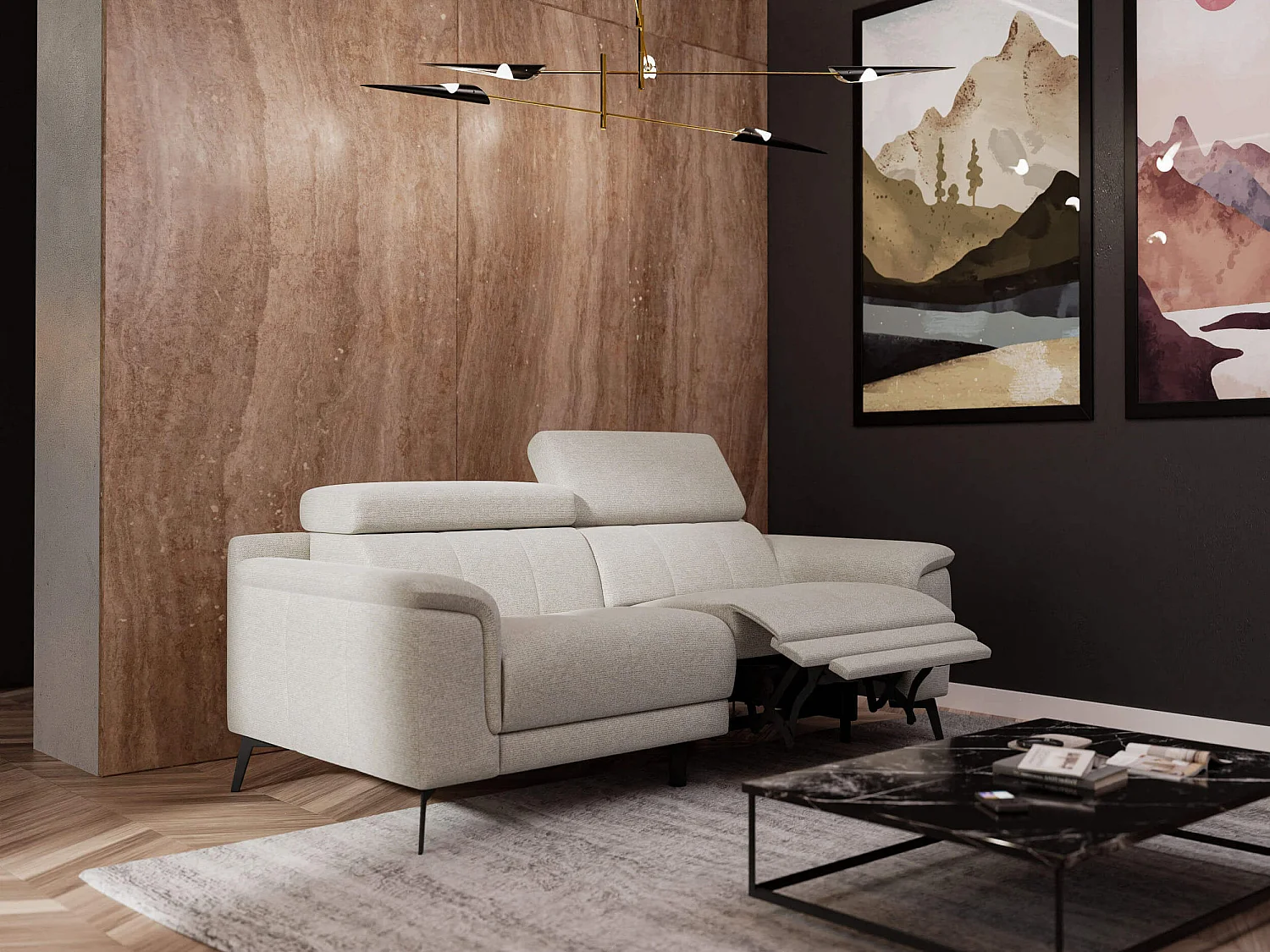 Canapé droit Fiero 3 places avec un relax électrique côté droit tissu beige clair