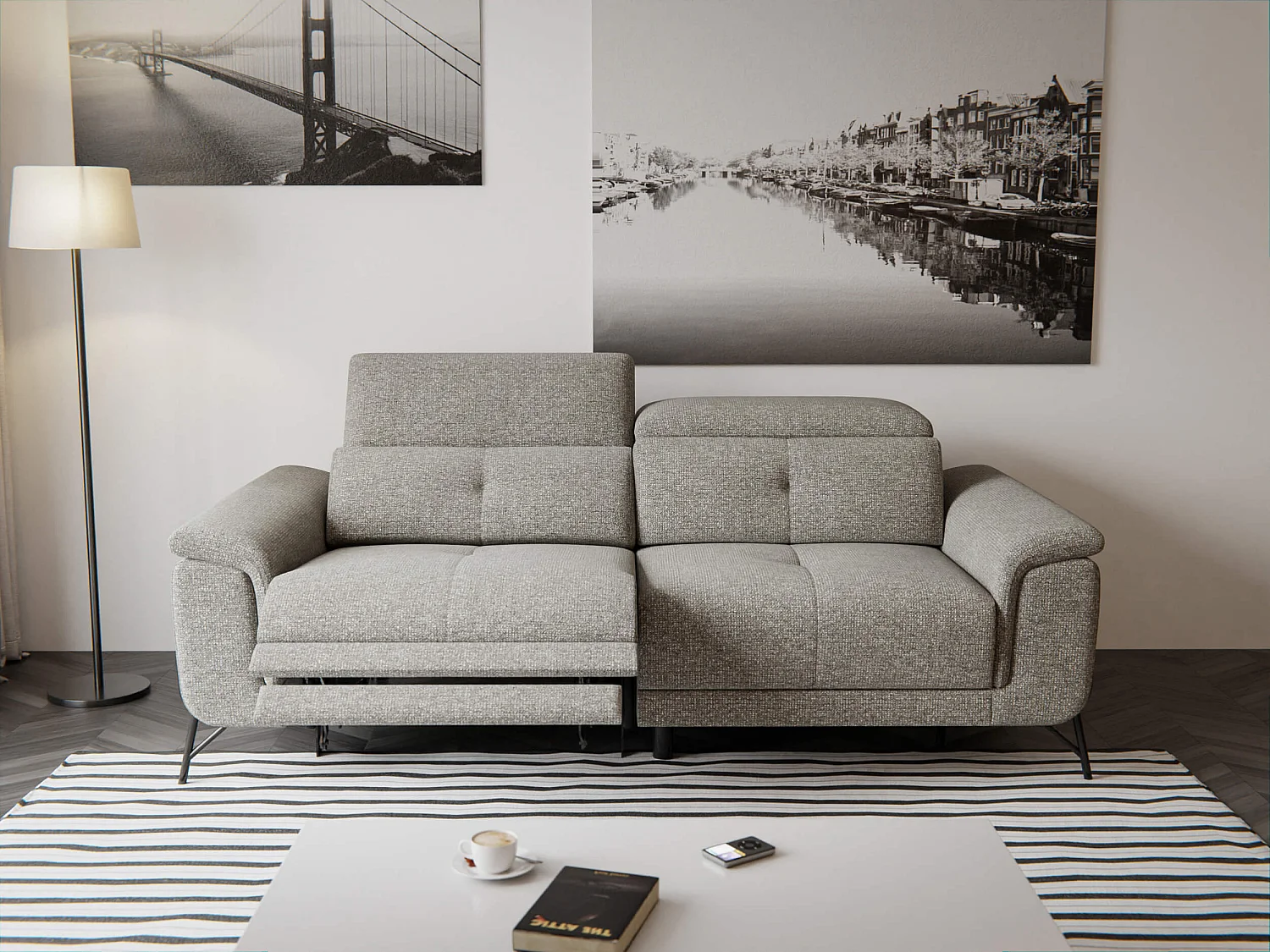 Canapé droit 3 places avec un relax électrique à gauche tissu taupe - AVENA