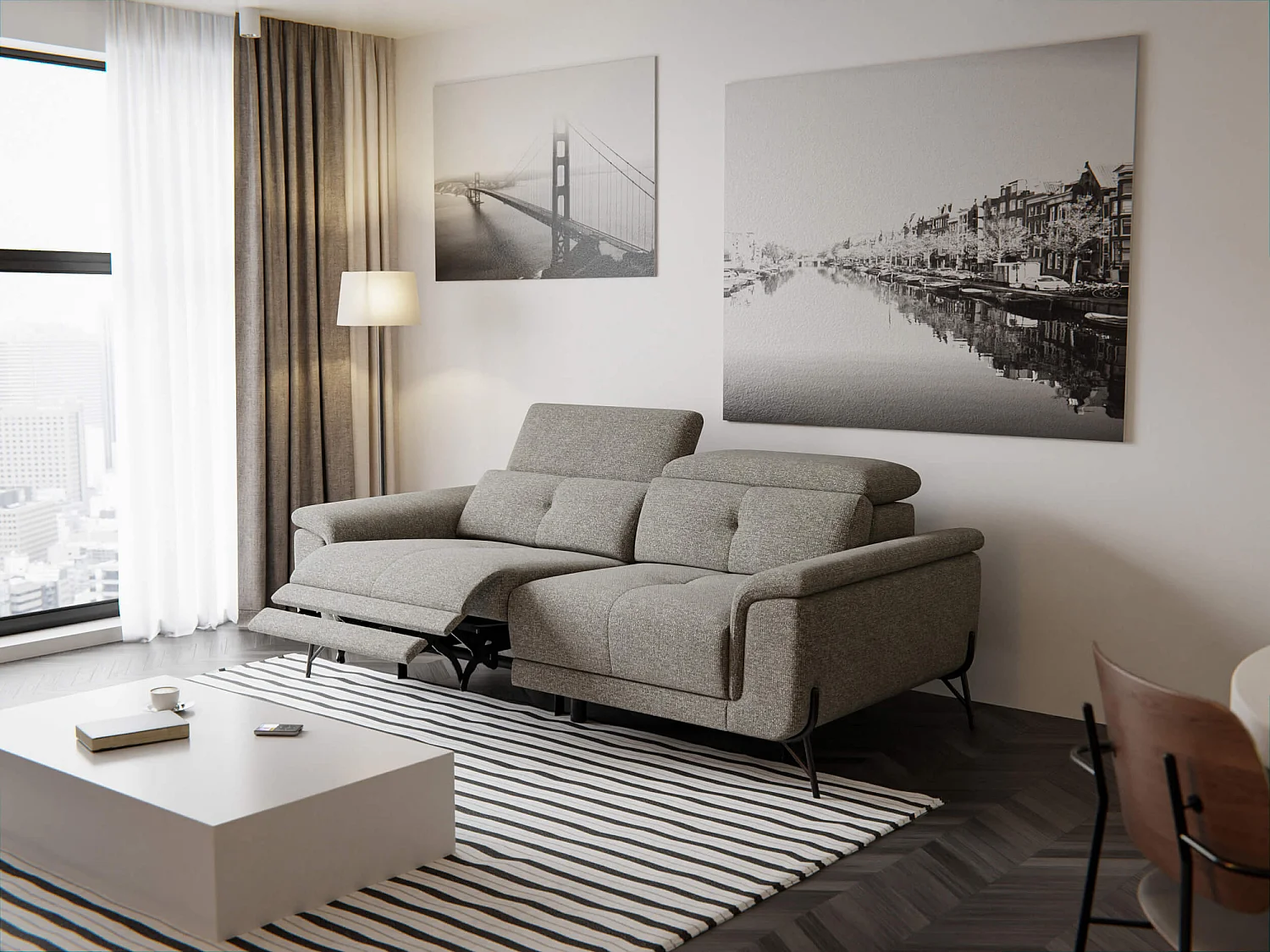 Canapé droit 3 places avec un relax électrique à gauche tissu taupe - AVENA