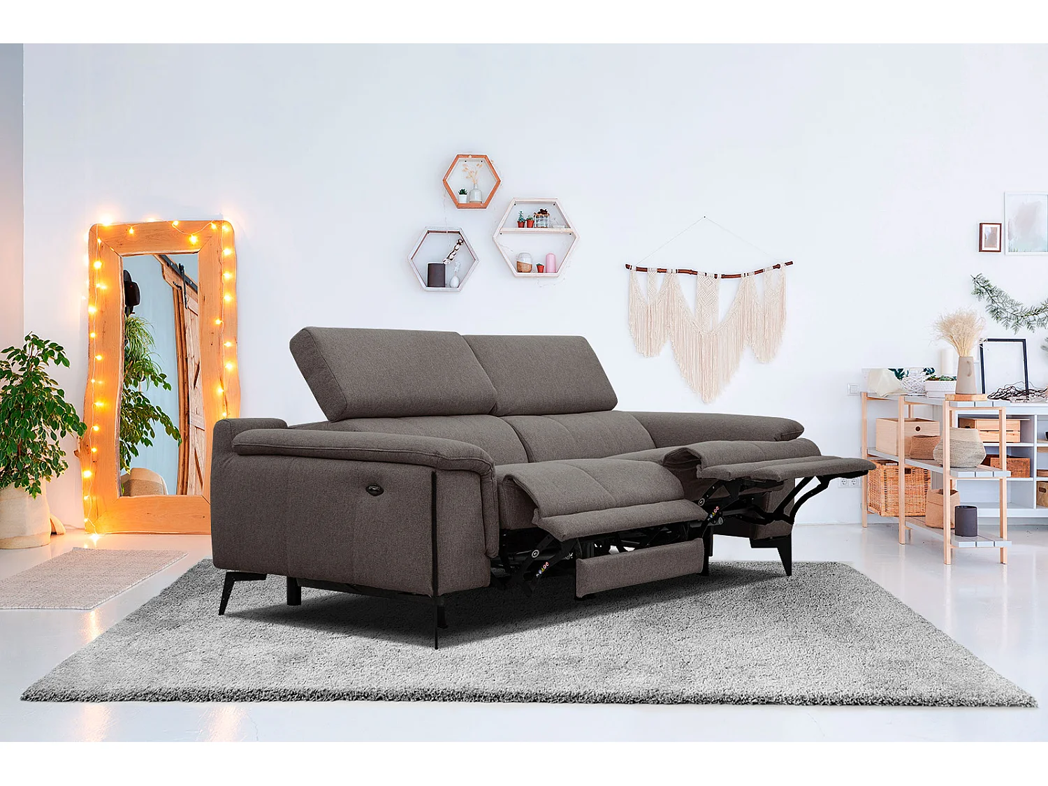 Canapé droit 3 places avec 2 relax électriques tissu marron - Matera