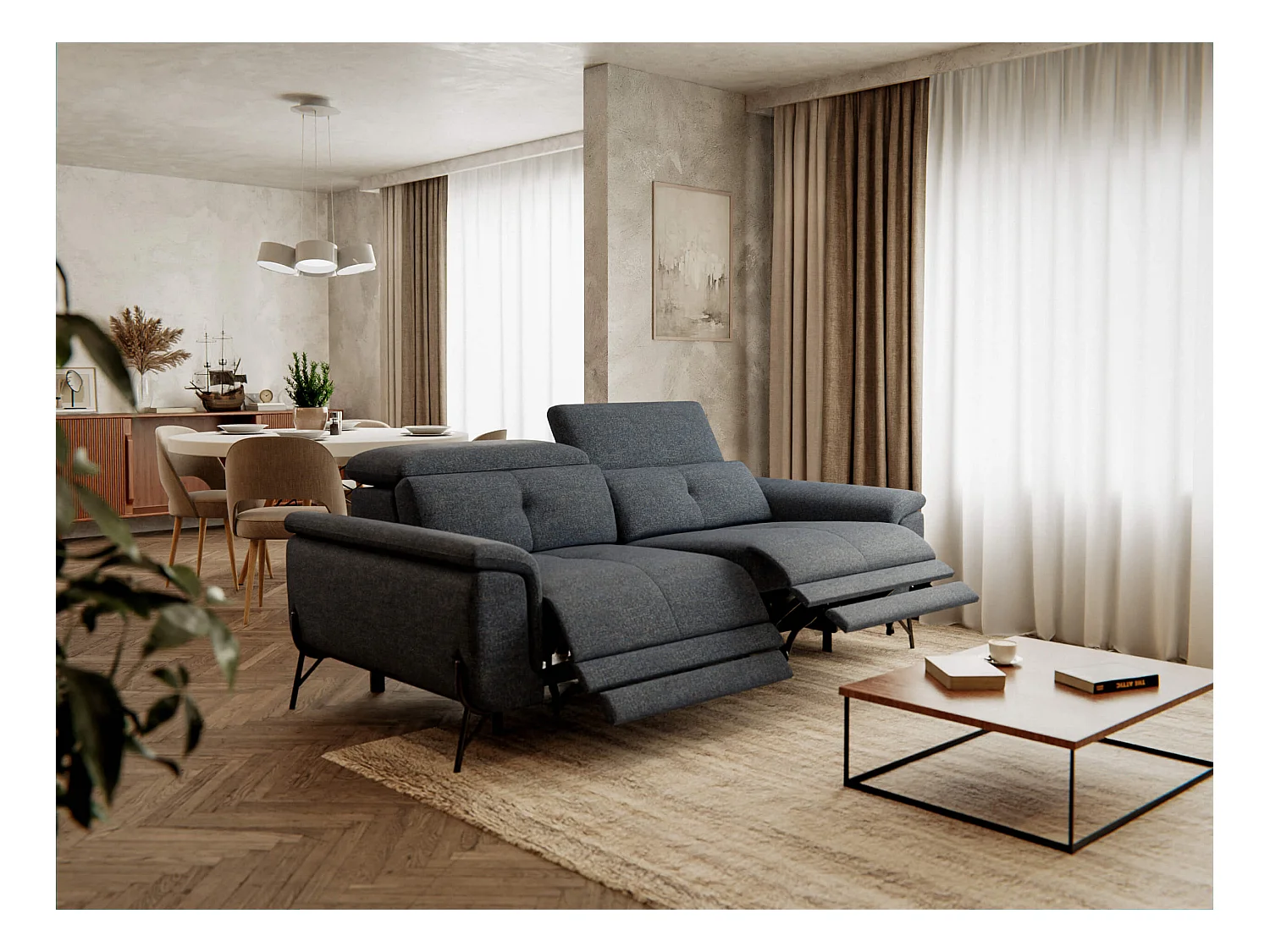 Canapé droit 3 places avec 2 relax électriques tissu bleu foncé - AVENA