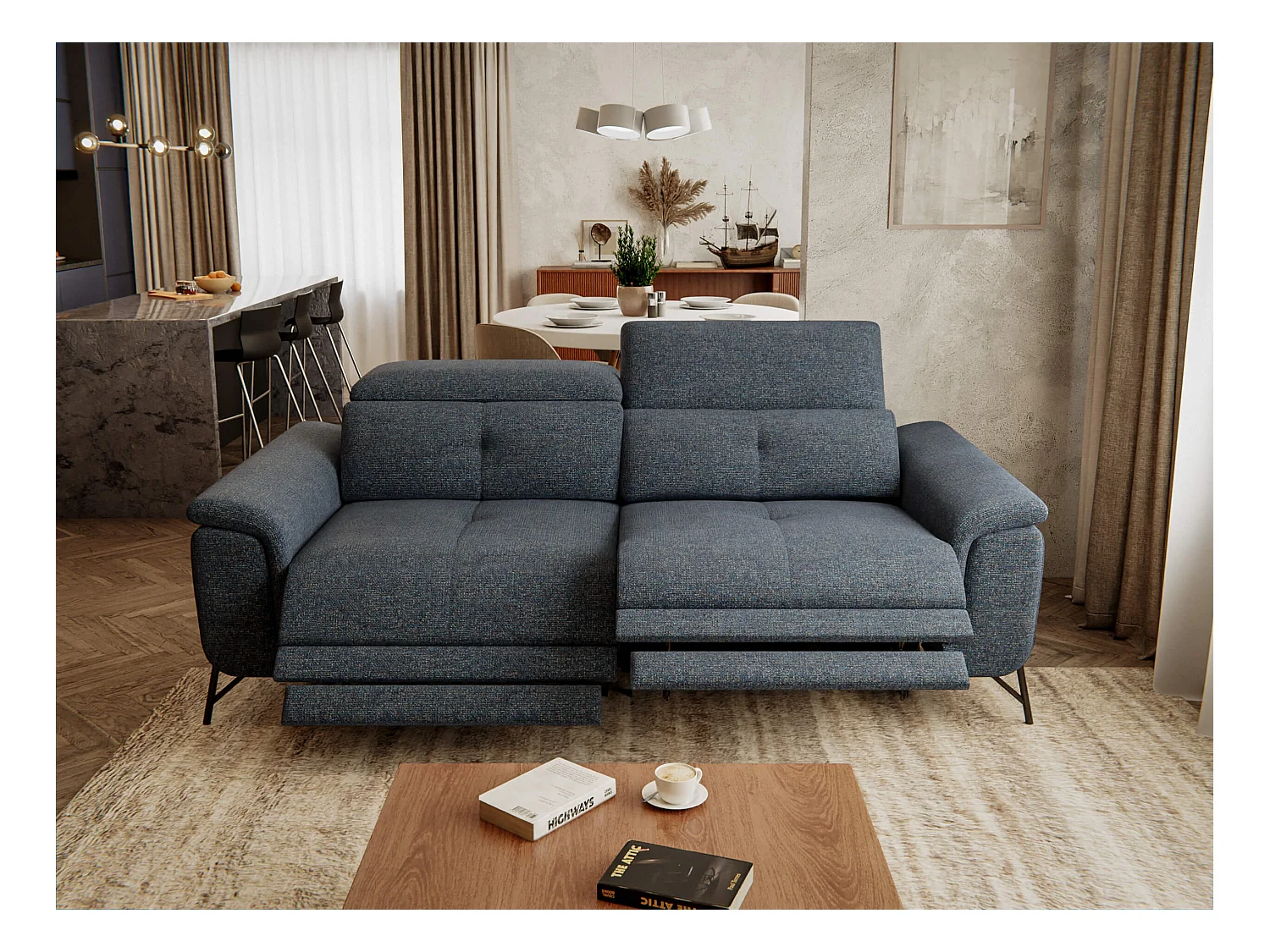 Canapé droit 3 places avec 2 relax électriques tissu bleu foncé - AVENA