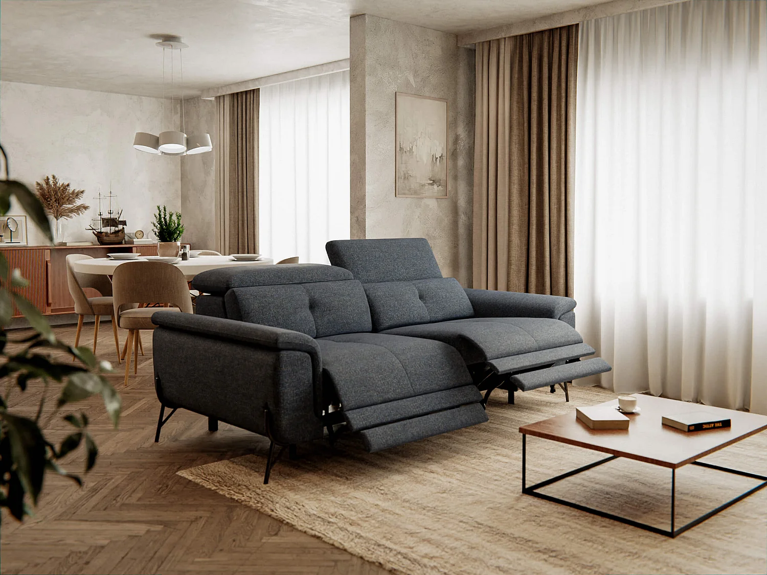 Canapé droit 3 places avec 2 relax électriques tissu bleu foncé - AVENA