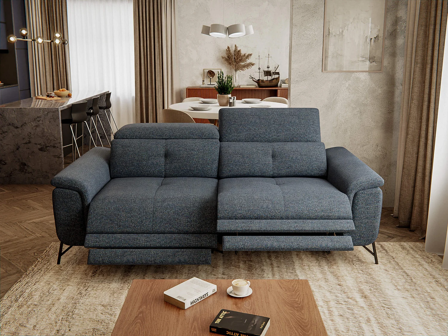 Canapé droit 3 places avec 2 relax électriques tissu bleu foncé - AVENA