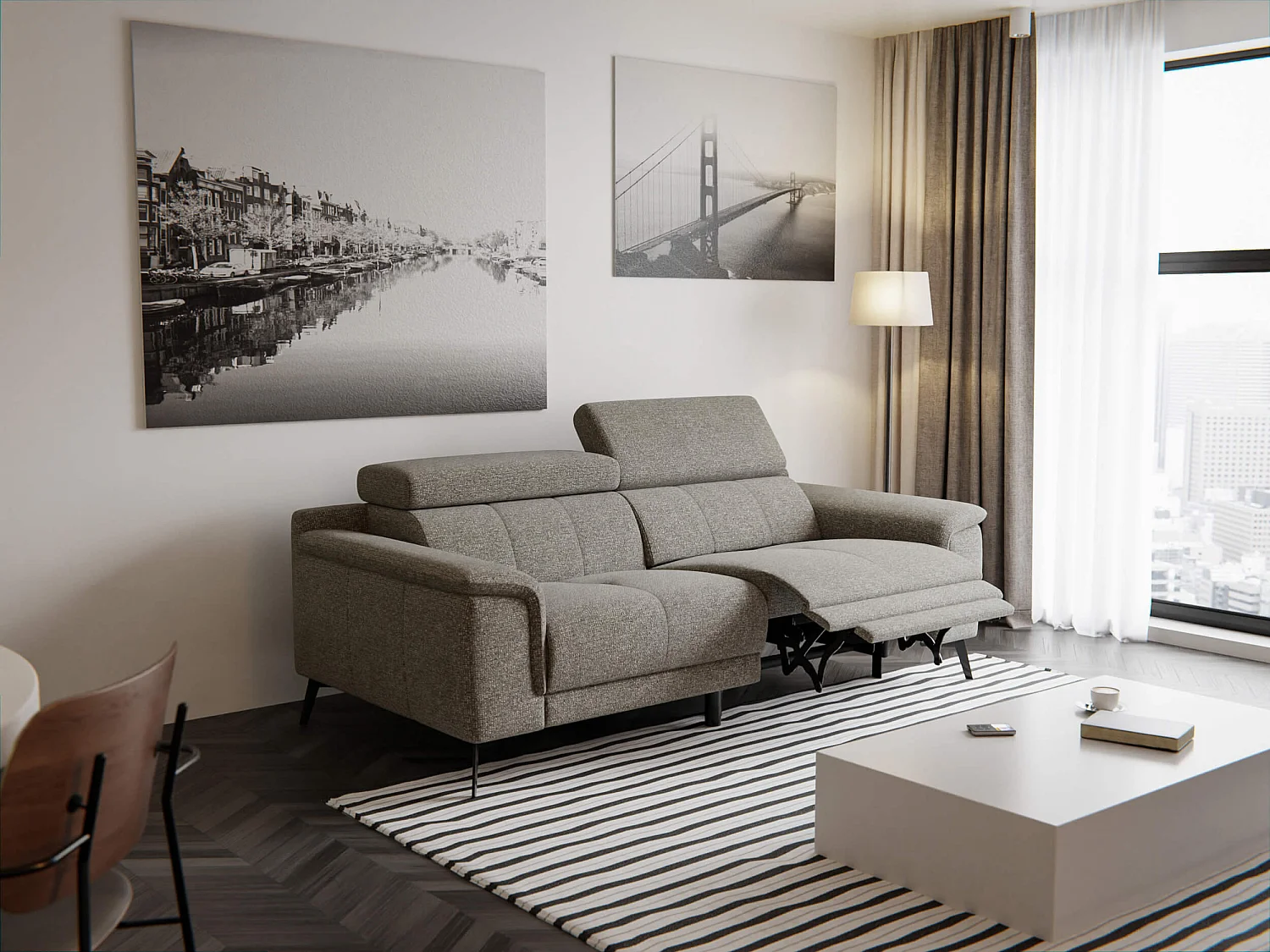 Canapé droit Fiero 3 places avec un relax électrique côté droit tissu taupe