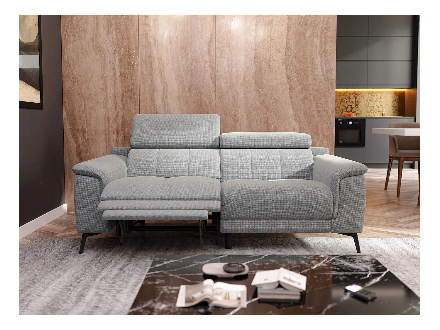 Canapé droit Fiero 3 places avec un relax électrique côté gauche tissu gris clair