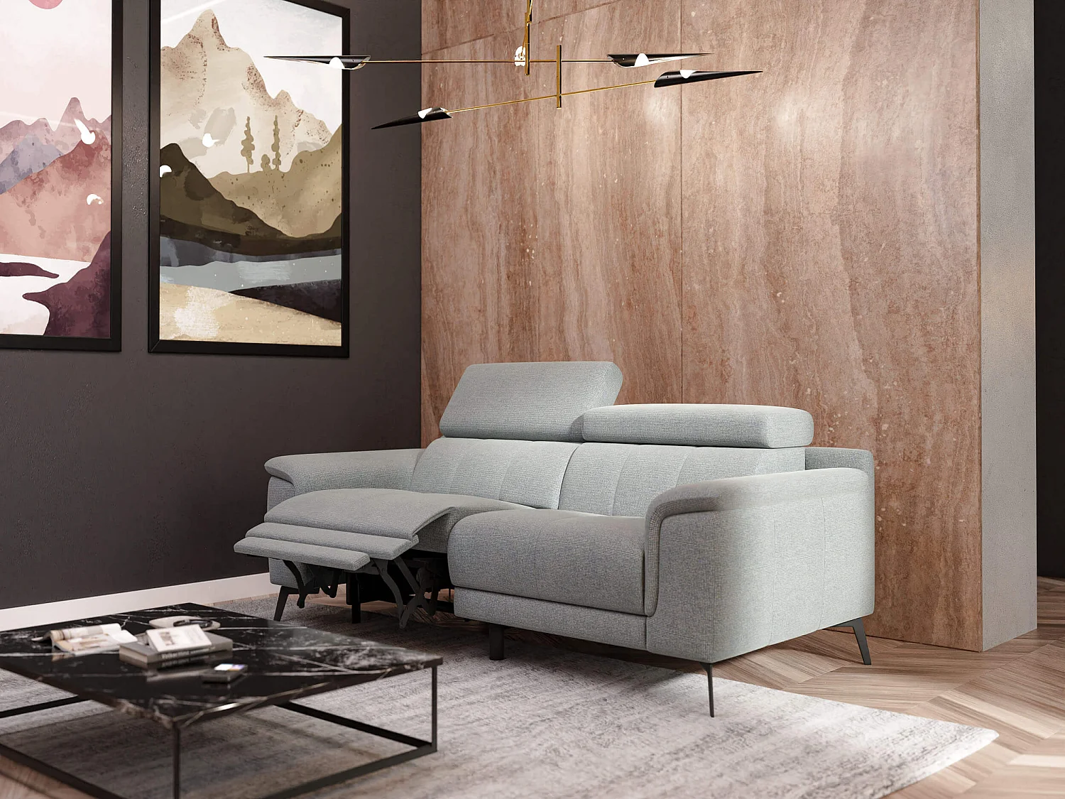 FIERO Sofa 3-Sitzer mit 1 Relaxfunktion und verstellbare Kopfstützen, silbergrau