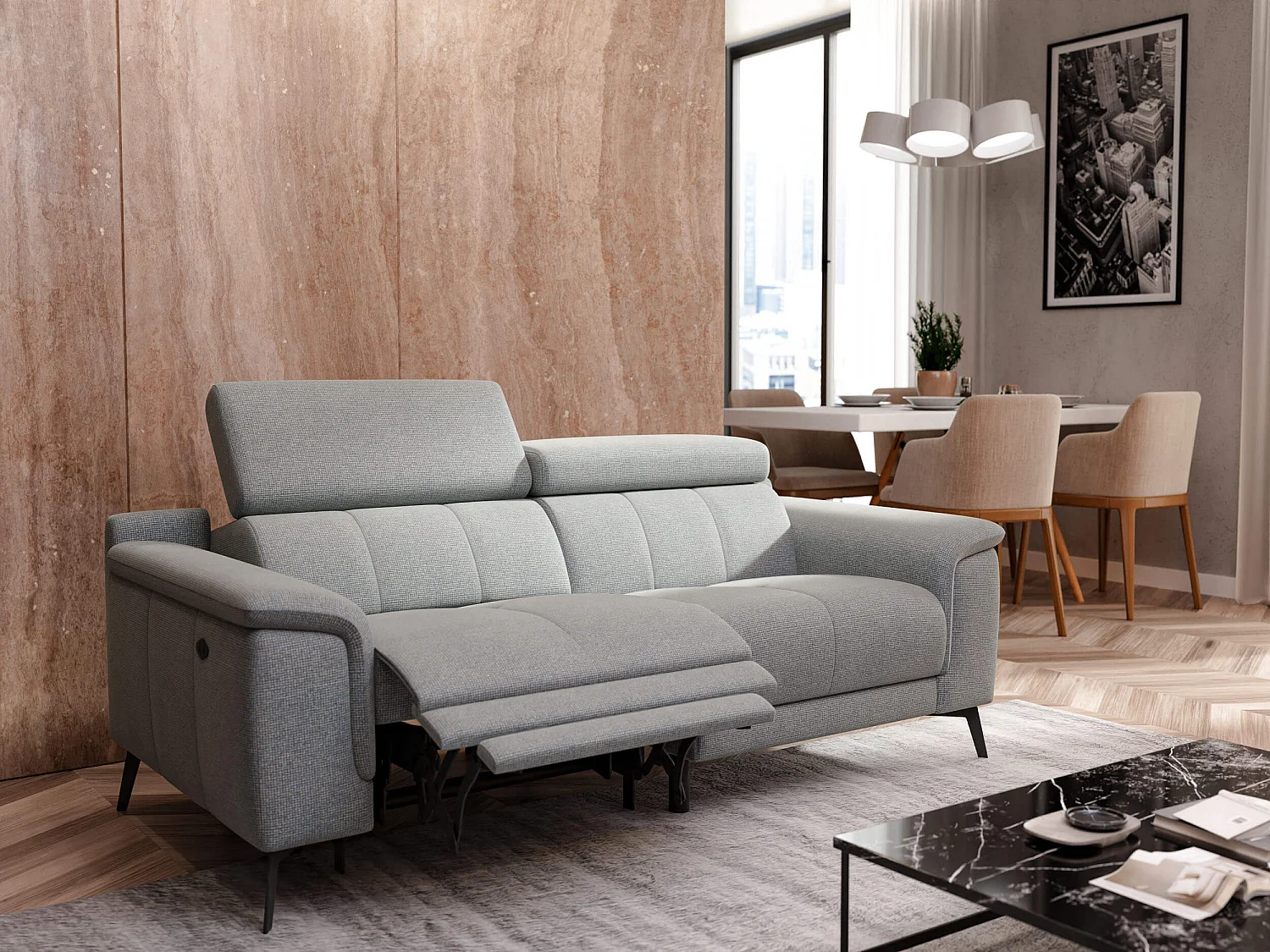 FIERO Sofa 3-Sitzer mit 1 Relaxfunktion und verstellbare Kopfstützen, silbergrau