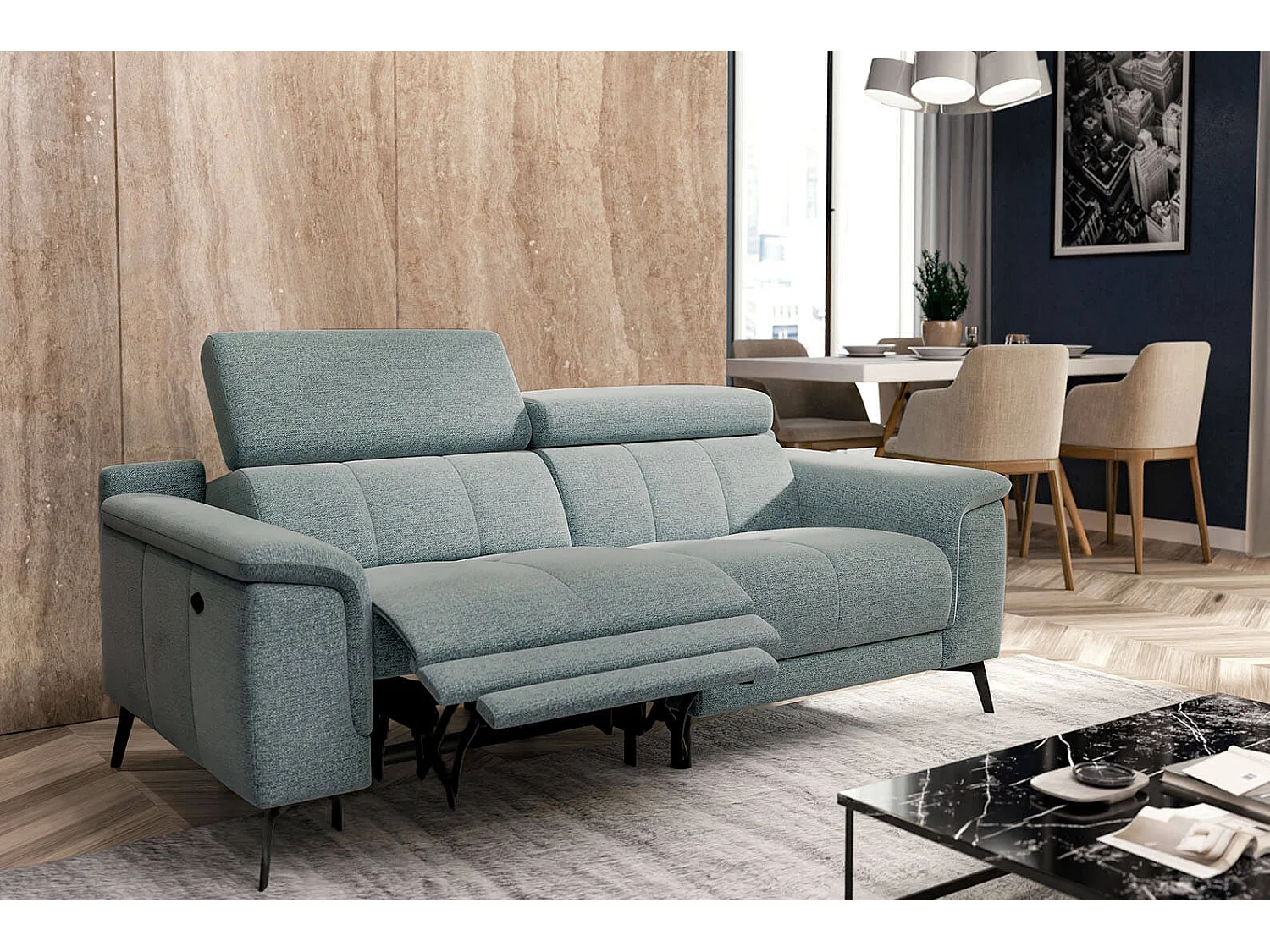 FIERO Sofa 3-Sitzer mit 1 Relaxfunktion und verstellbare Kopfstützen, mint