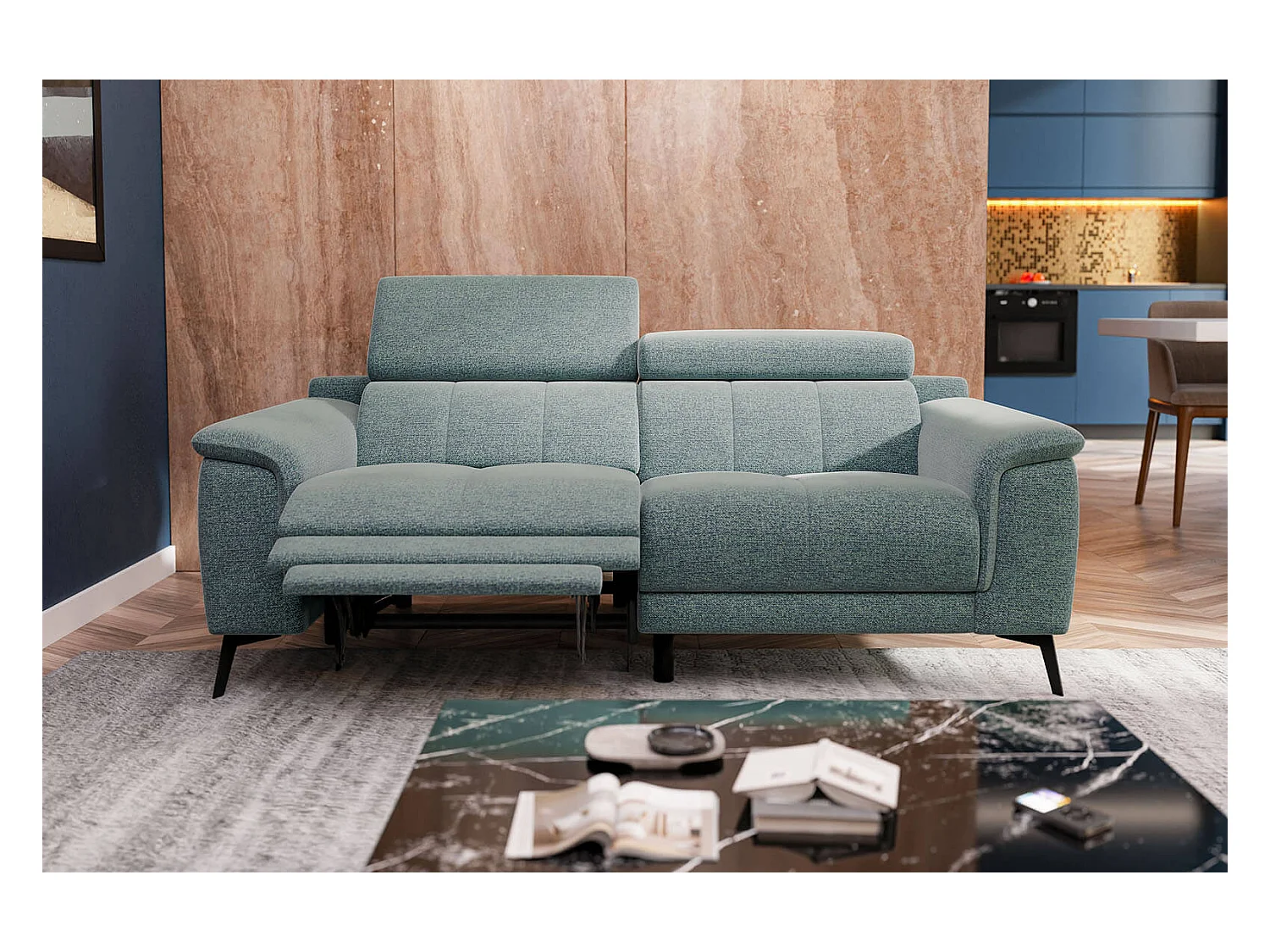Canapé droit Fiero 3 places avec un relax électrique côté gauche tissu bleu clair