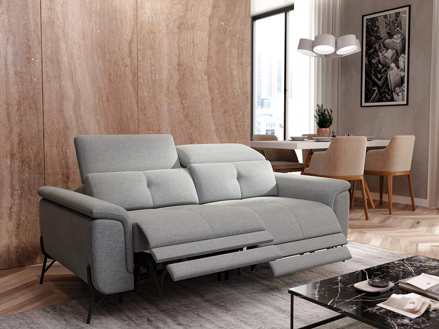 AVENA Sofa 3-Sitzer mit 2 Relaxfunktionen und verstellbare Kopfstützen, silbergrau
