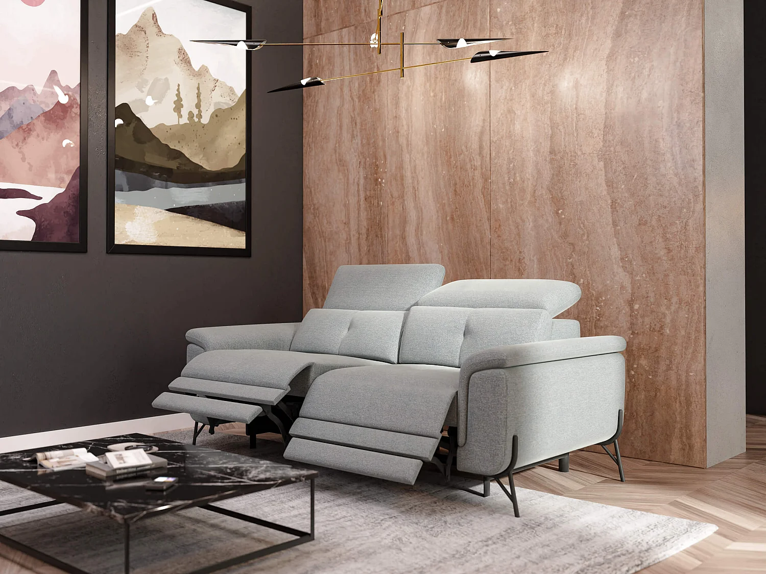 AVENA Sofa 3-Sitzer mit 2 Relaxfunktionen und verstellbare Kopfstützen, silbergrau