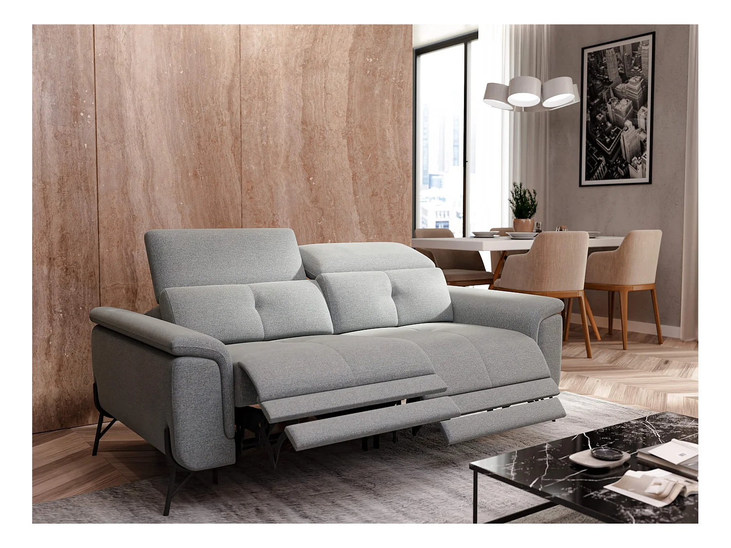 Canapé droit 3 places avec 2 relax électriques tissu gris clair - AVENA