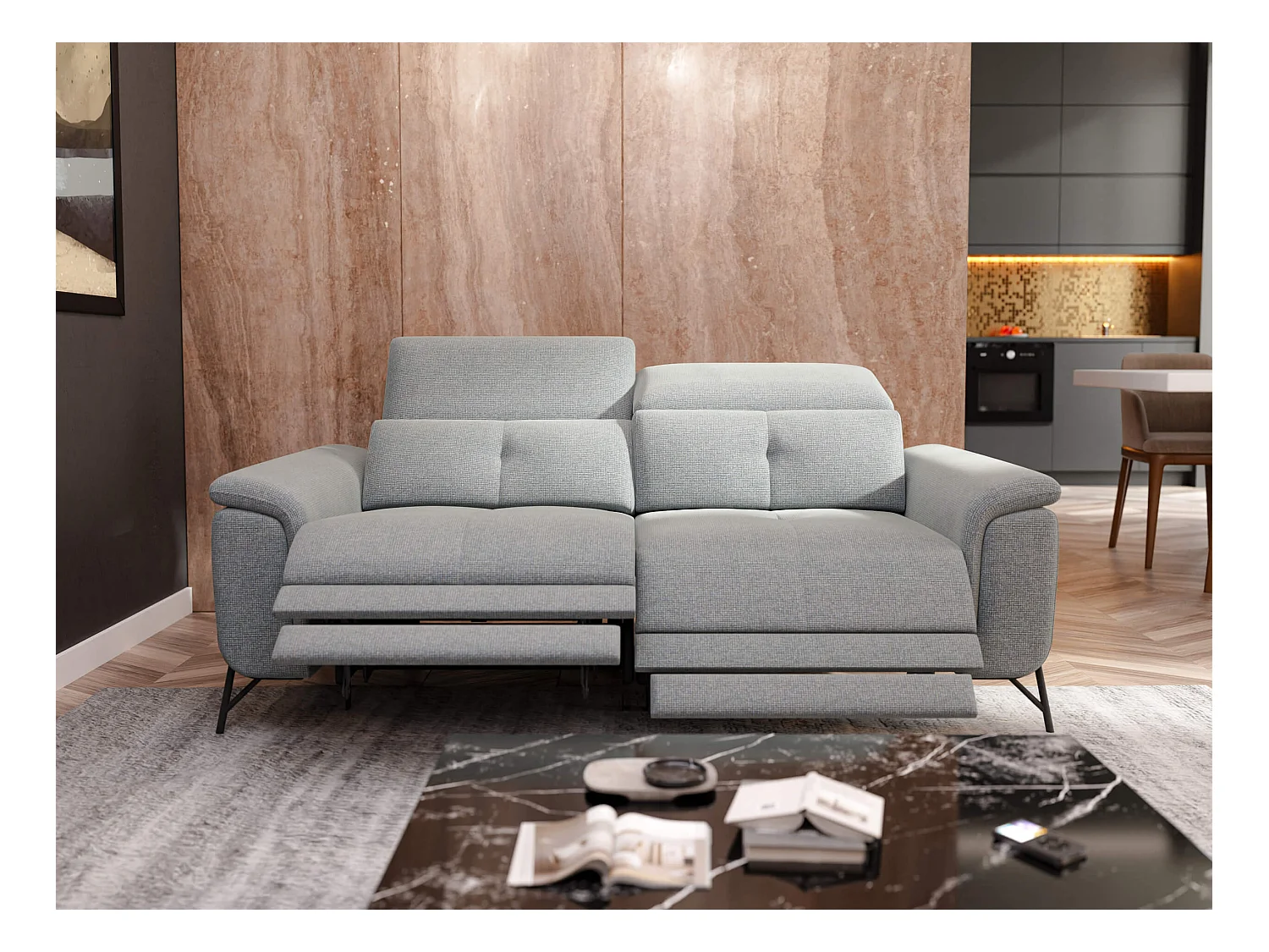 Canapé droit 3 places avec 2 relax électriques tissu gris clair - AVENA