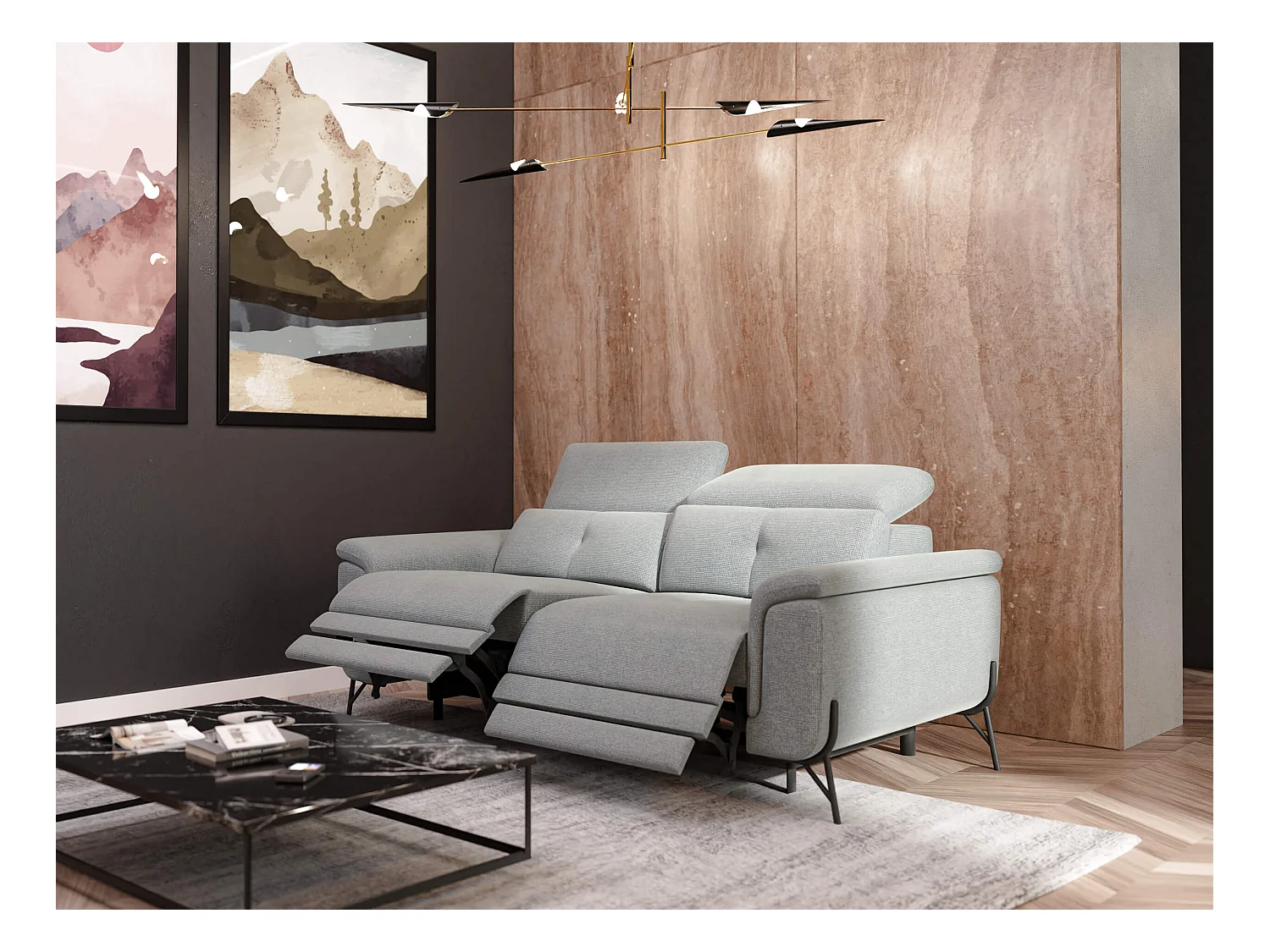 Canapé droit 3 places avec 2 relax électriques tissu gris clair - AVENA