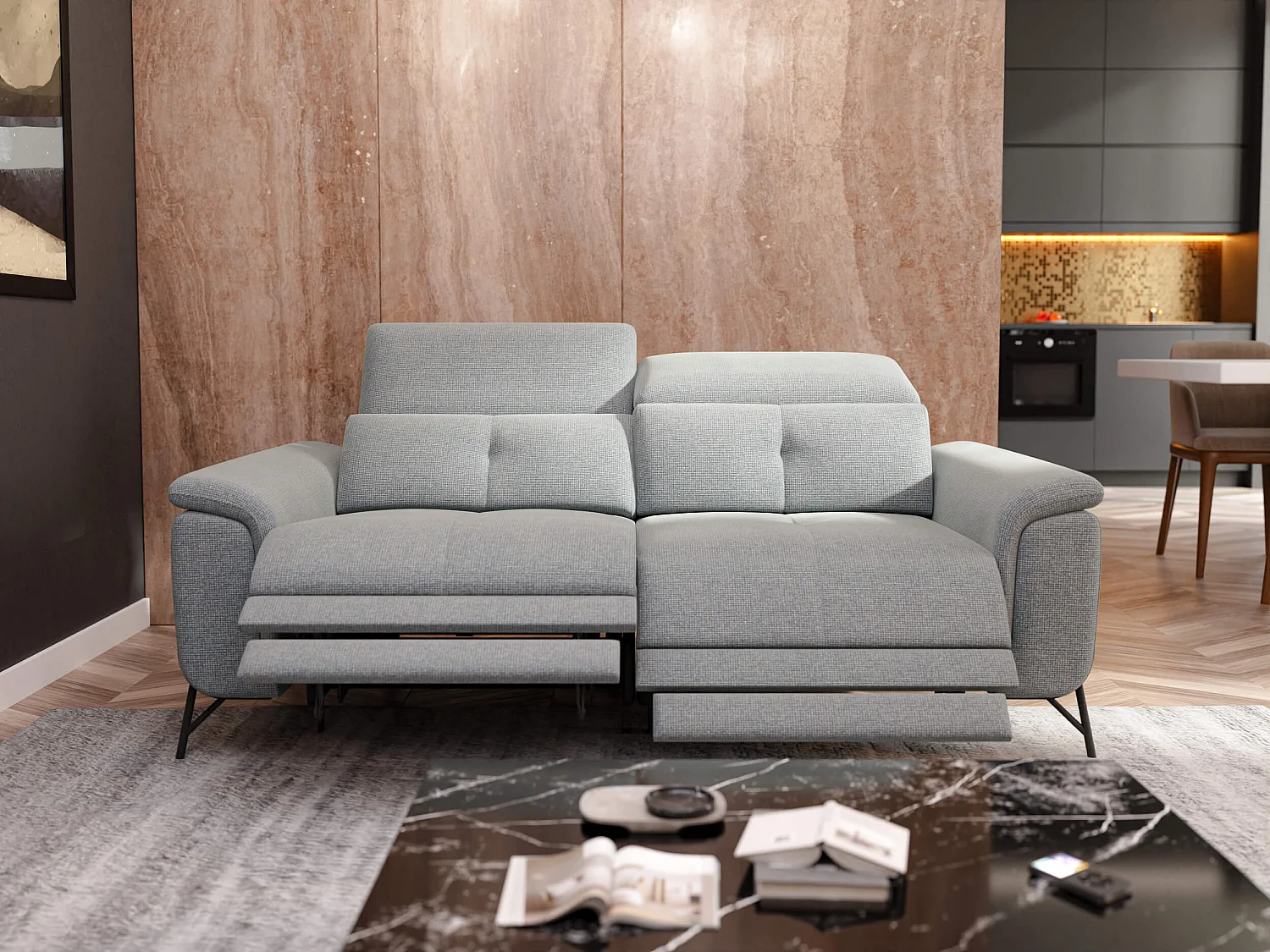 AVENA Sofa 3-Sitzer mit 2 Relaxfunktionen und verstellbare Kopfstützen, silbergrau