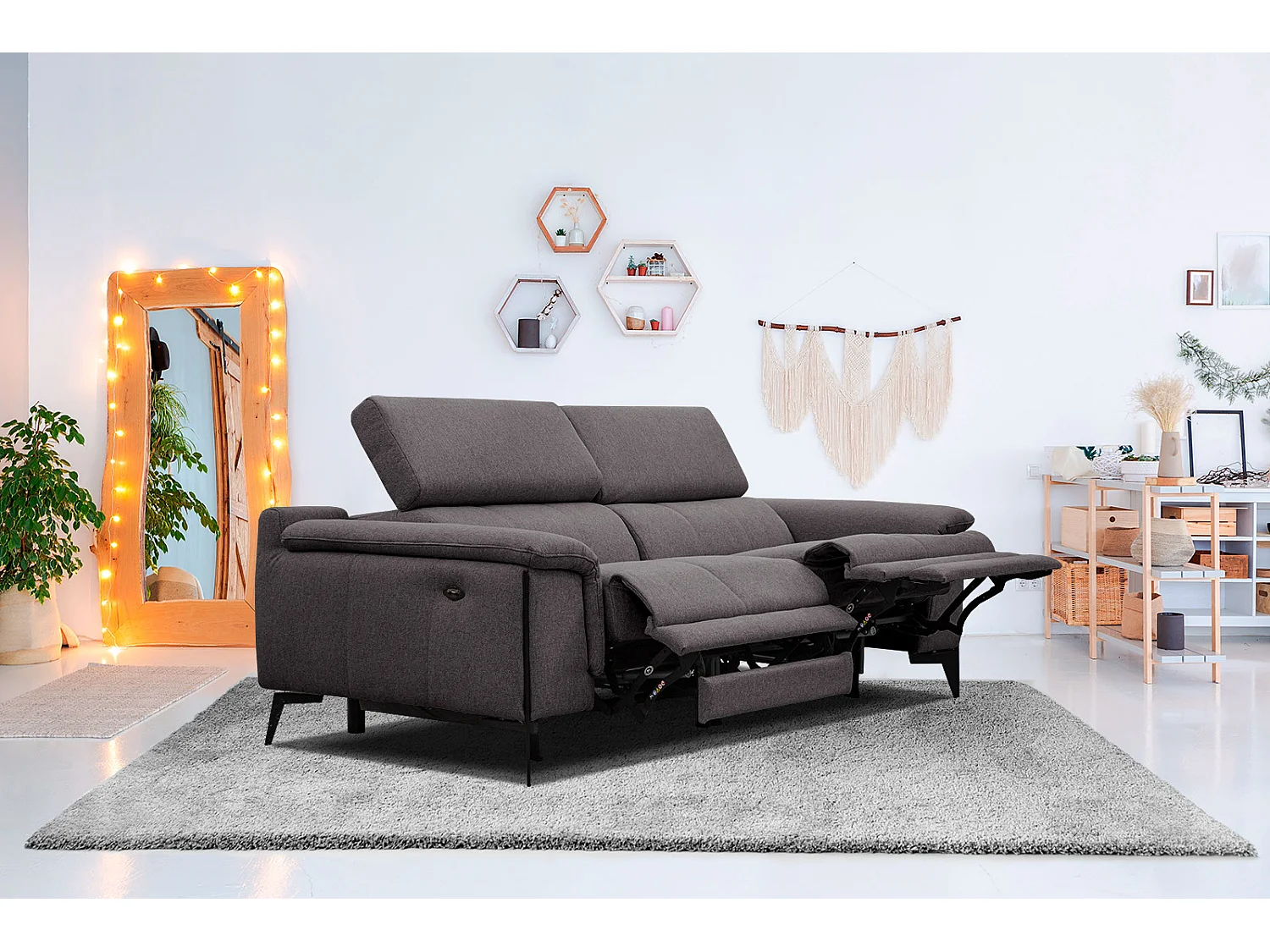 Canapé droit 3 places avec 2 relax électriques tissu gris foncé - Matera