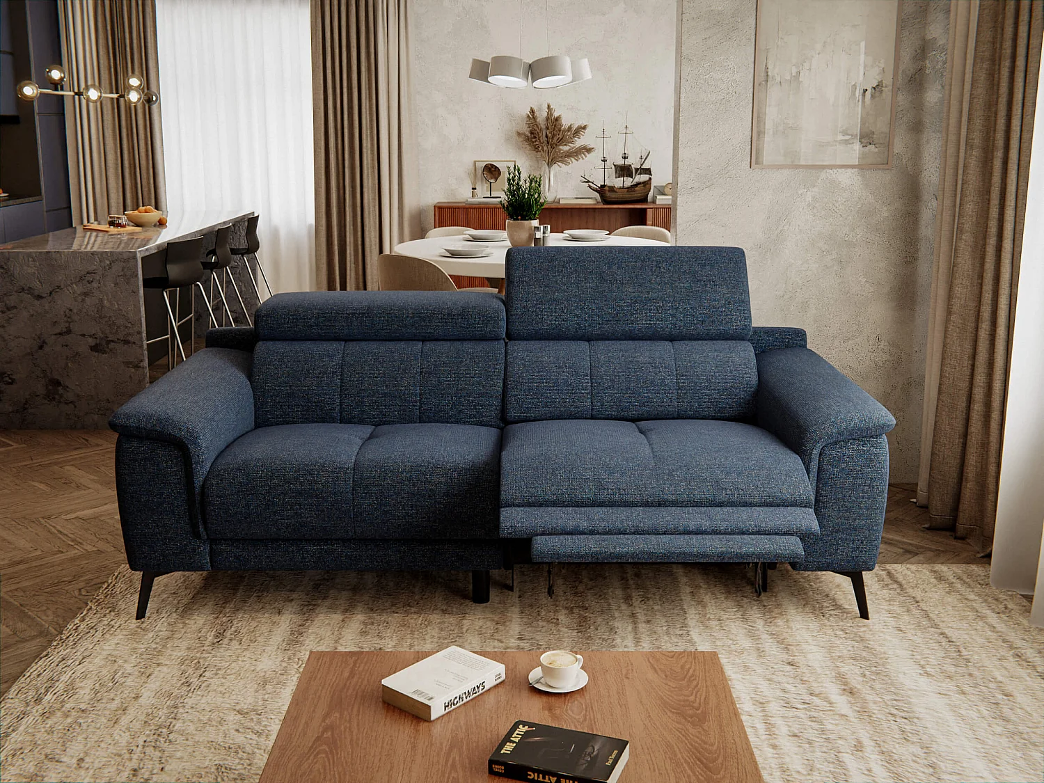 FIERO Sofa 3-Sitzer mit 1 Relaxfunktion und verstellbare Kopfstützen, marineblau