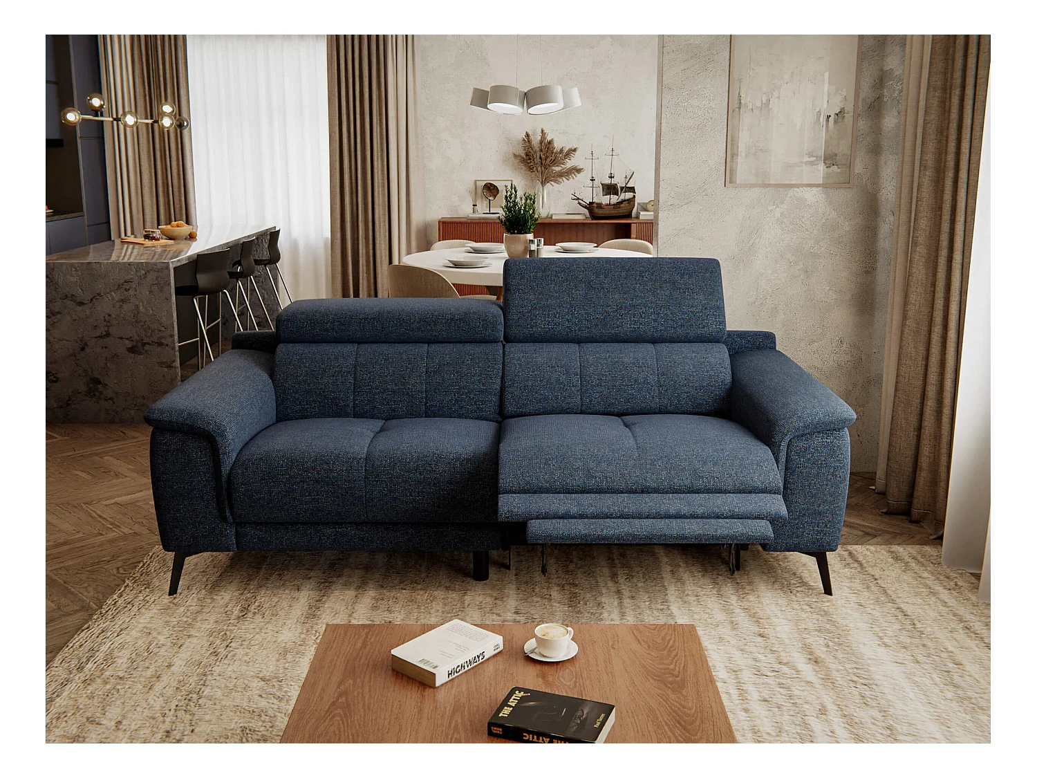Canapé droit Fiero 3 places avec un relax électrique côté droit tissu bleu foncé