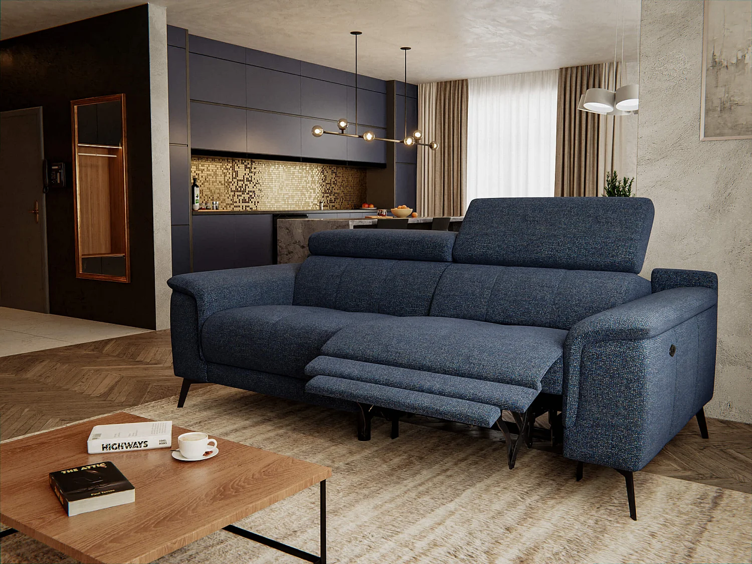 Canapé droit Fiero 3 places avec un relax électrique côté droit tissu bleu foncé