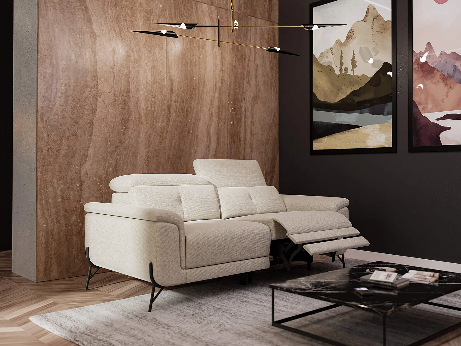 AVENA Sofa 3-Sitzer mit 1 Relaxfunktion und verstellbare Kopfstützen, creme