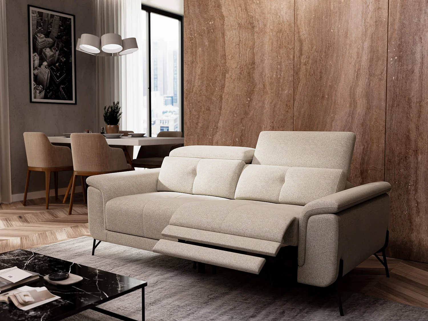 AVENA Sofa 3-Sitzer mit 1 Relaxfunktion und verstellbare Kopfstützen, creme