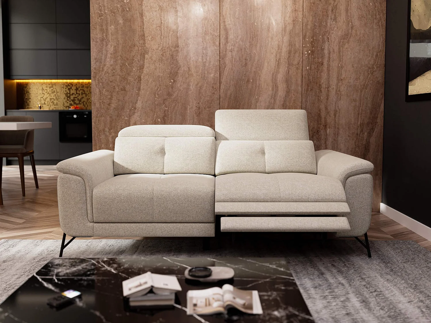AVENA Sofa 3-Sitzer mit 1 Relaxfunktion und verstellbare Kopfstützen, creme