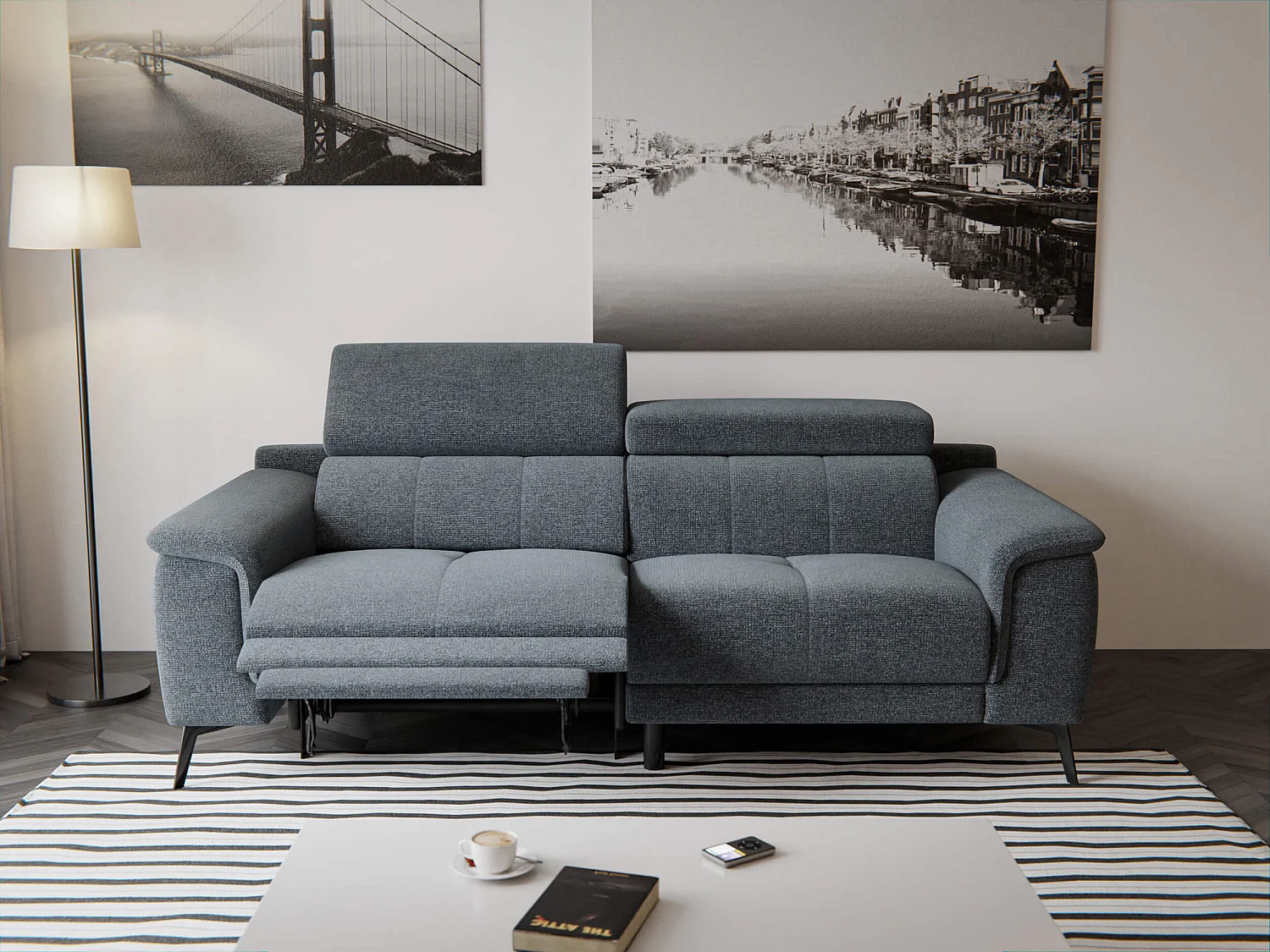 Canapé droit Fiero 3 places avec un relax électrique côté gauche tissu gris foncé