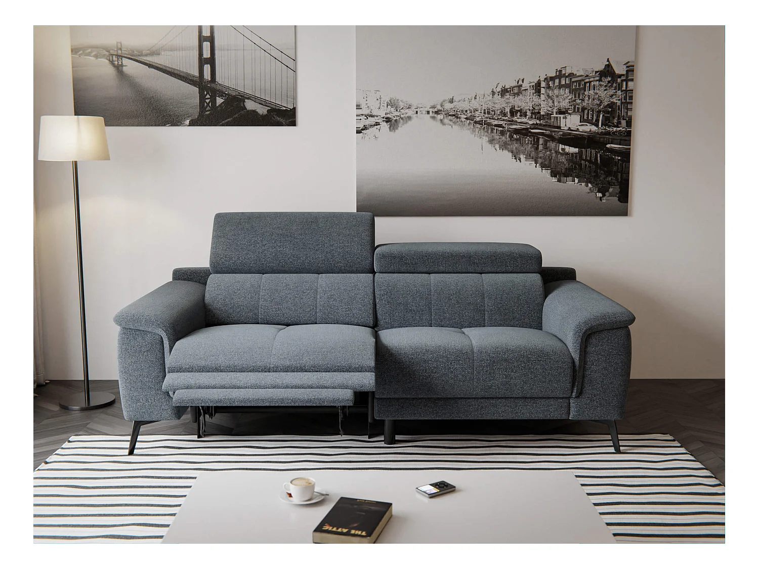Canapé droit Fiero 3 places avec un relax électrique côté gauche tissu gris foncé