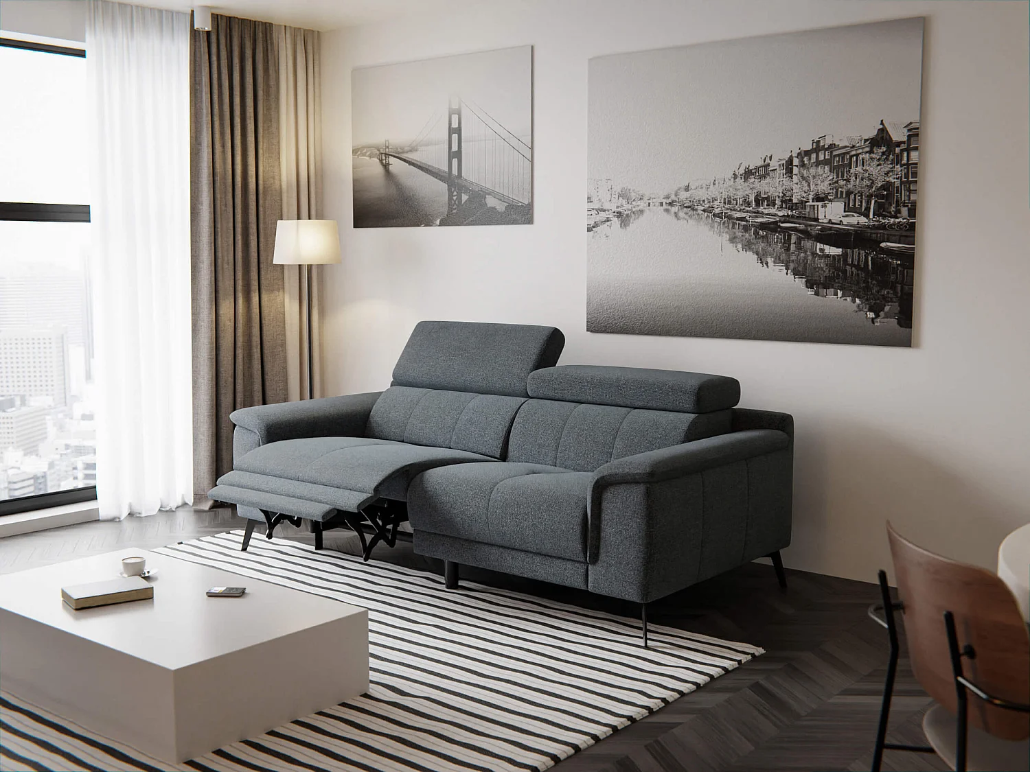 FIERO Sofa 3-Sitzer mit 1 Relaxfunktion und verstellbare Kopfstützen, dunkelgrau