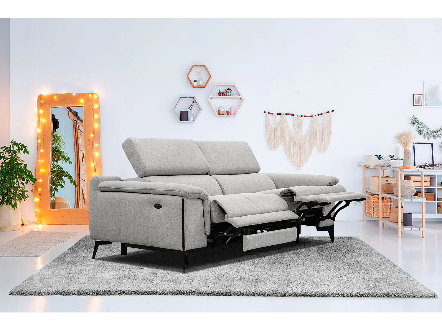MATERA Sofa 3-Sitzer mit 2 Relaxfunktionen und verstellbare Kopfstützen, hellgrau