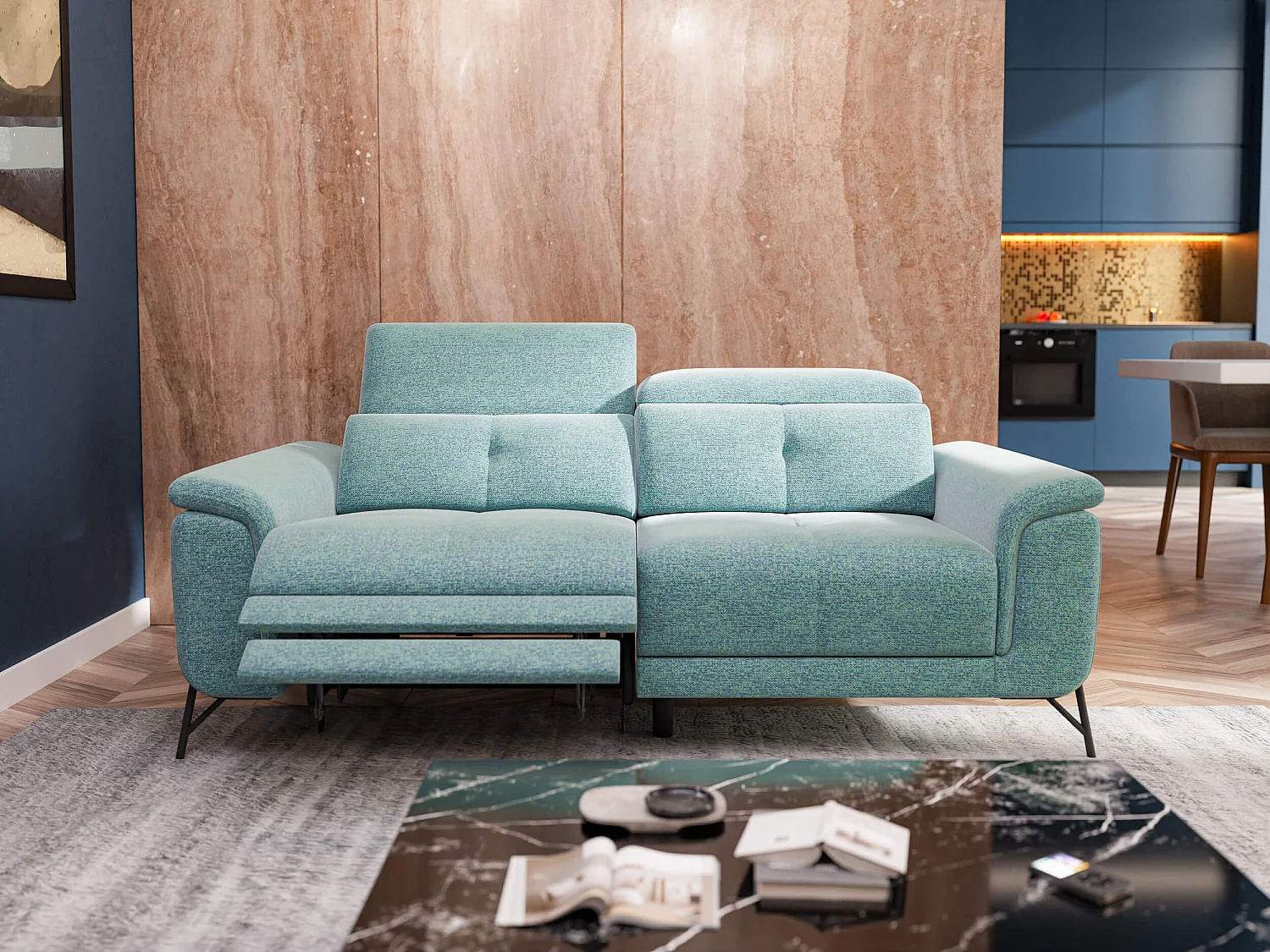 AVENA Sofa 3-Sitzer mit 1 Relaxfunktion und verstellbare Kopfstützen, mint