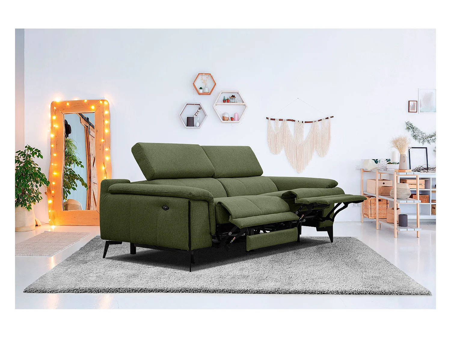 Canapé droit 3 places avec 2 relax électriques tissu vert - Matera