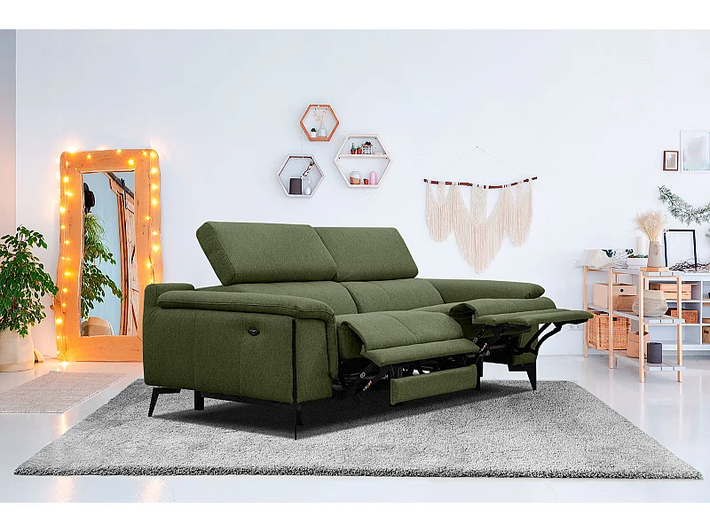 Canapé droit 3 places avec 2 relax électriques tissu vert - Matera