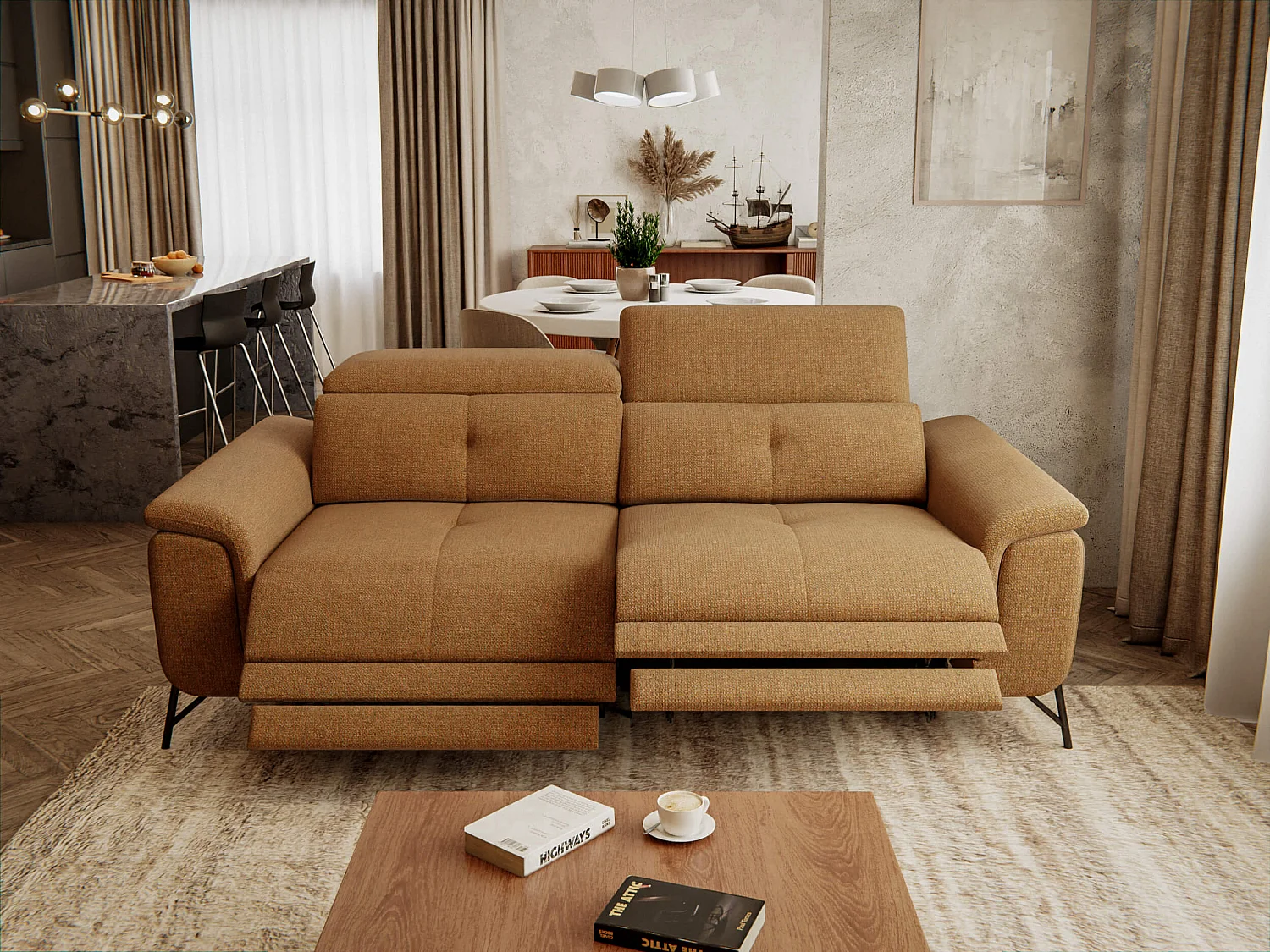 AVENA Sofa 3-Sitzer mit 2 Relaxfunktionen und verstellbare Kopfstützen, orange
