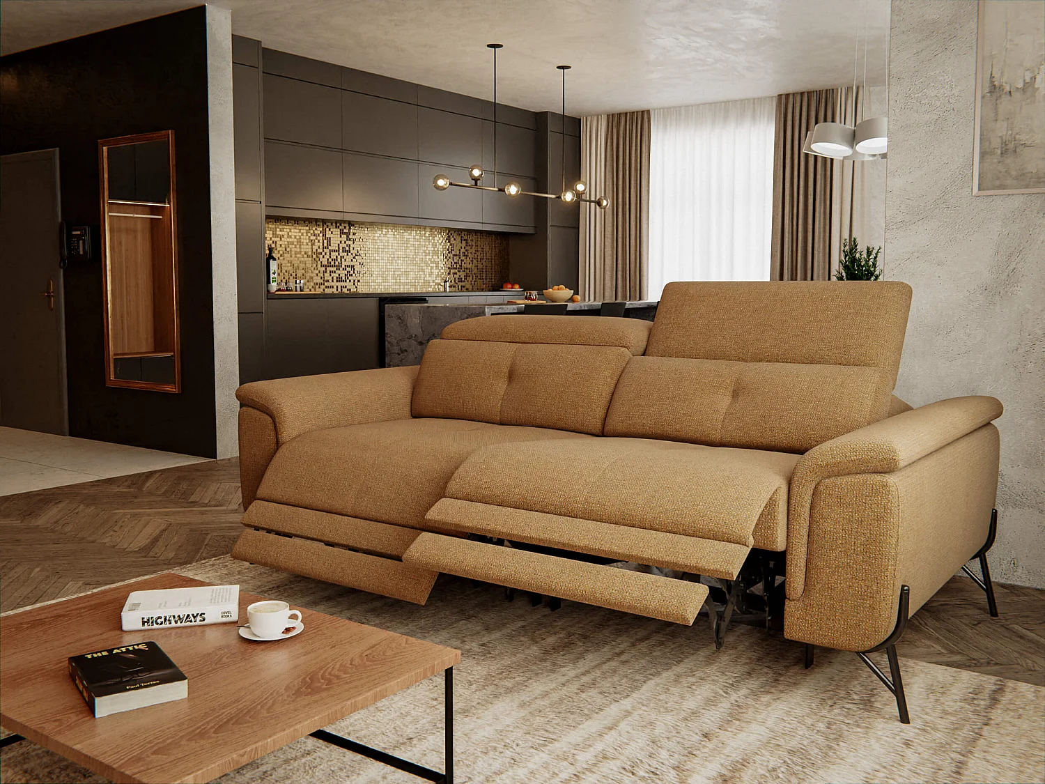 AVENA Sofa 3-Sitzer mit 2 Relaxfunktionen und verstellbare Kopfstützen, orange