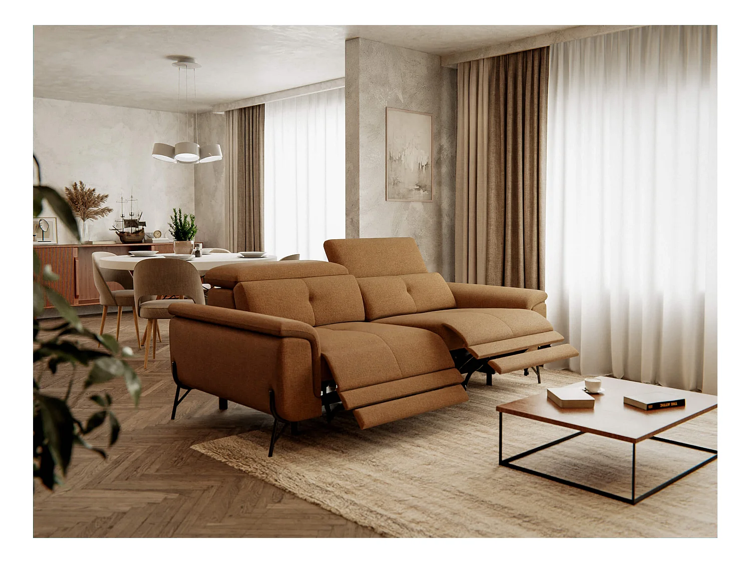 Canapé droit 3 places avec 2 relax électriques tissu orange - AVENA