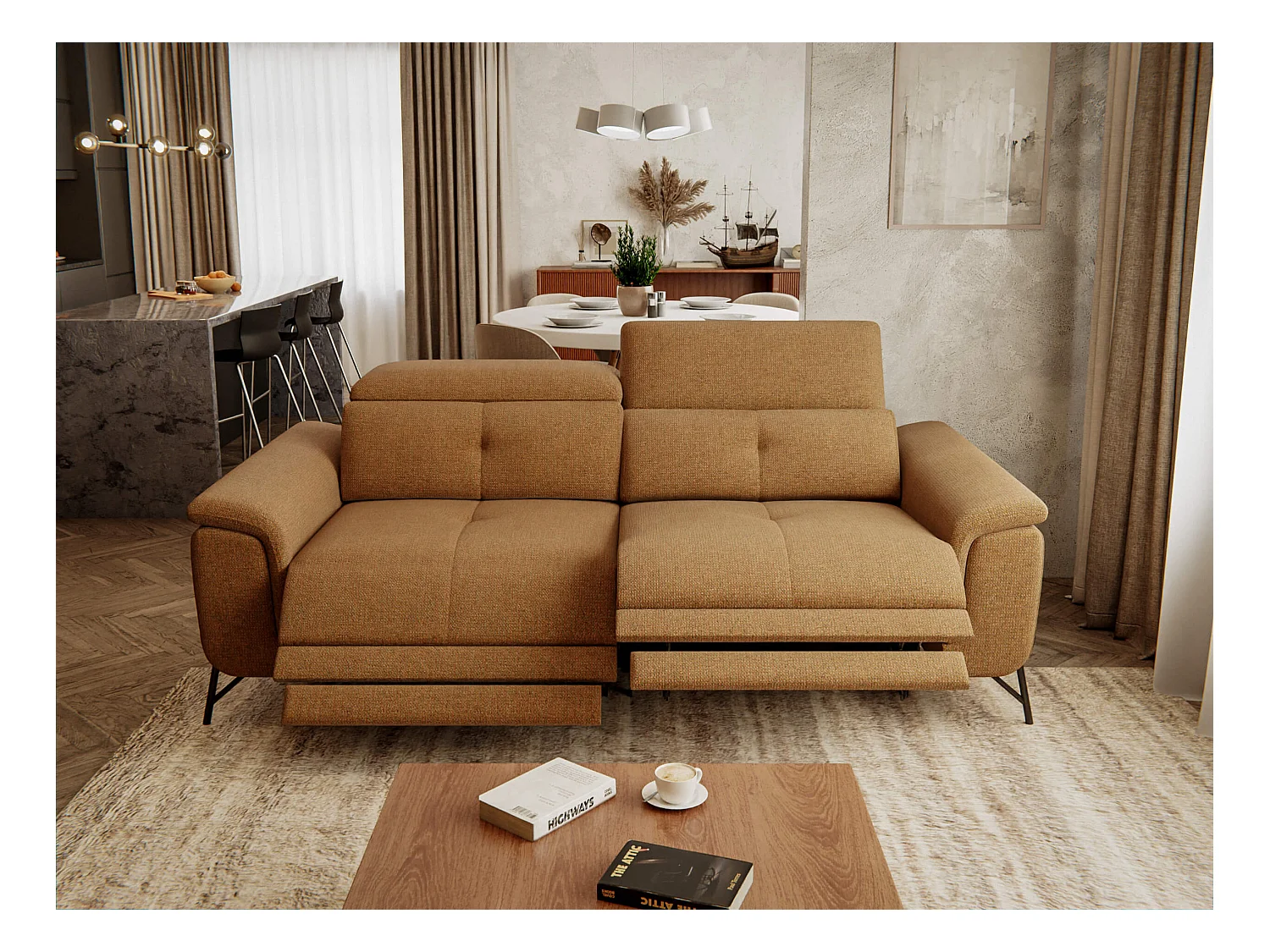 Canapé droit 3 places avec 2 relax électriques tissu orange - AVENA