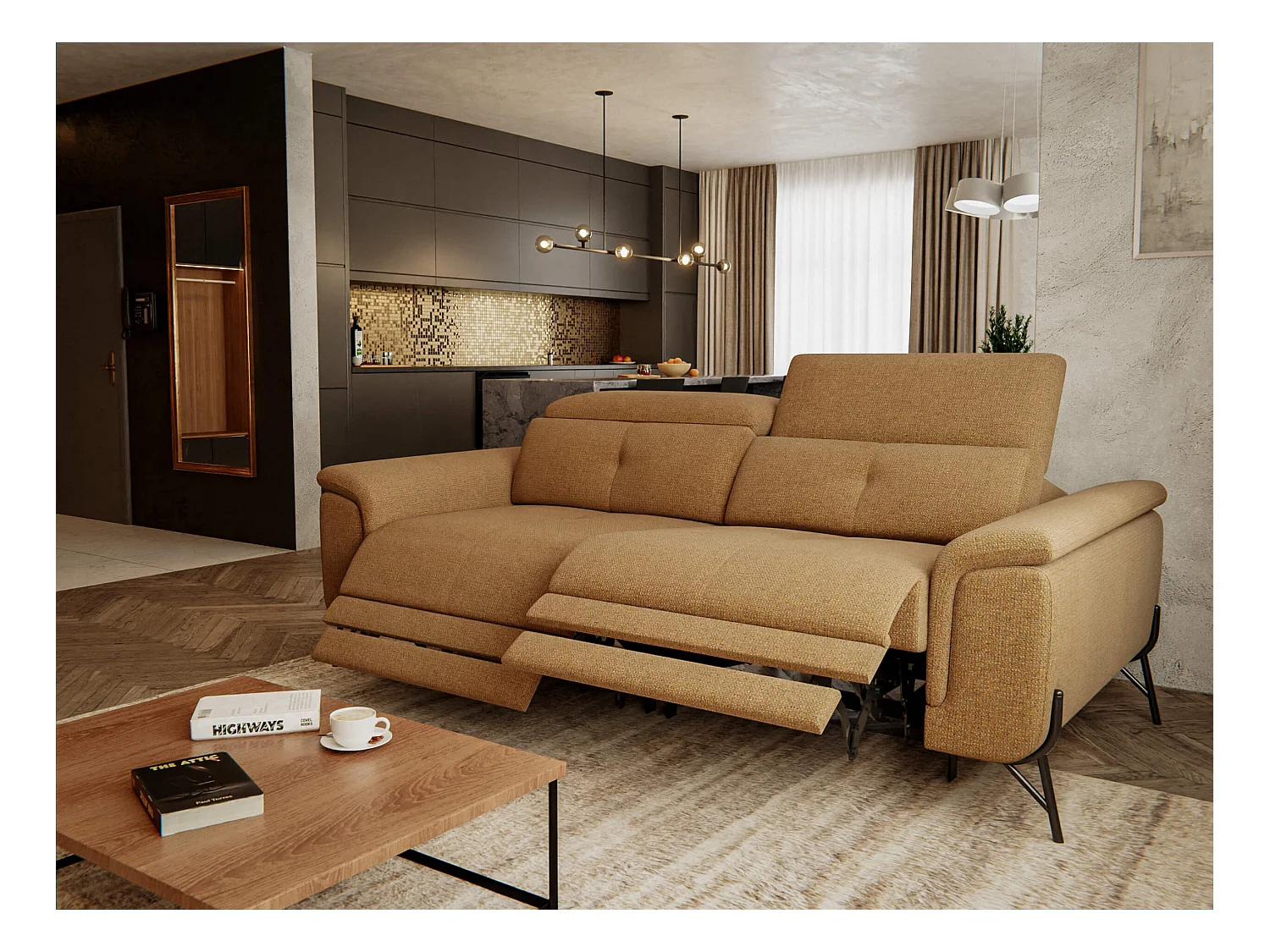 Canapé droit 3 places avec 2 relax électriques tissu orange - AVENA