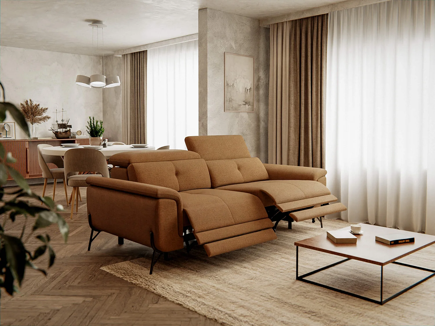 Canapé droit 3 places avec 2 relax électriques tissu orange - AVENA