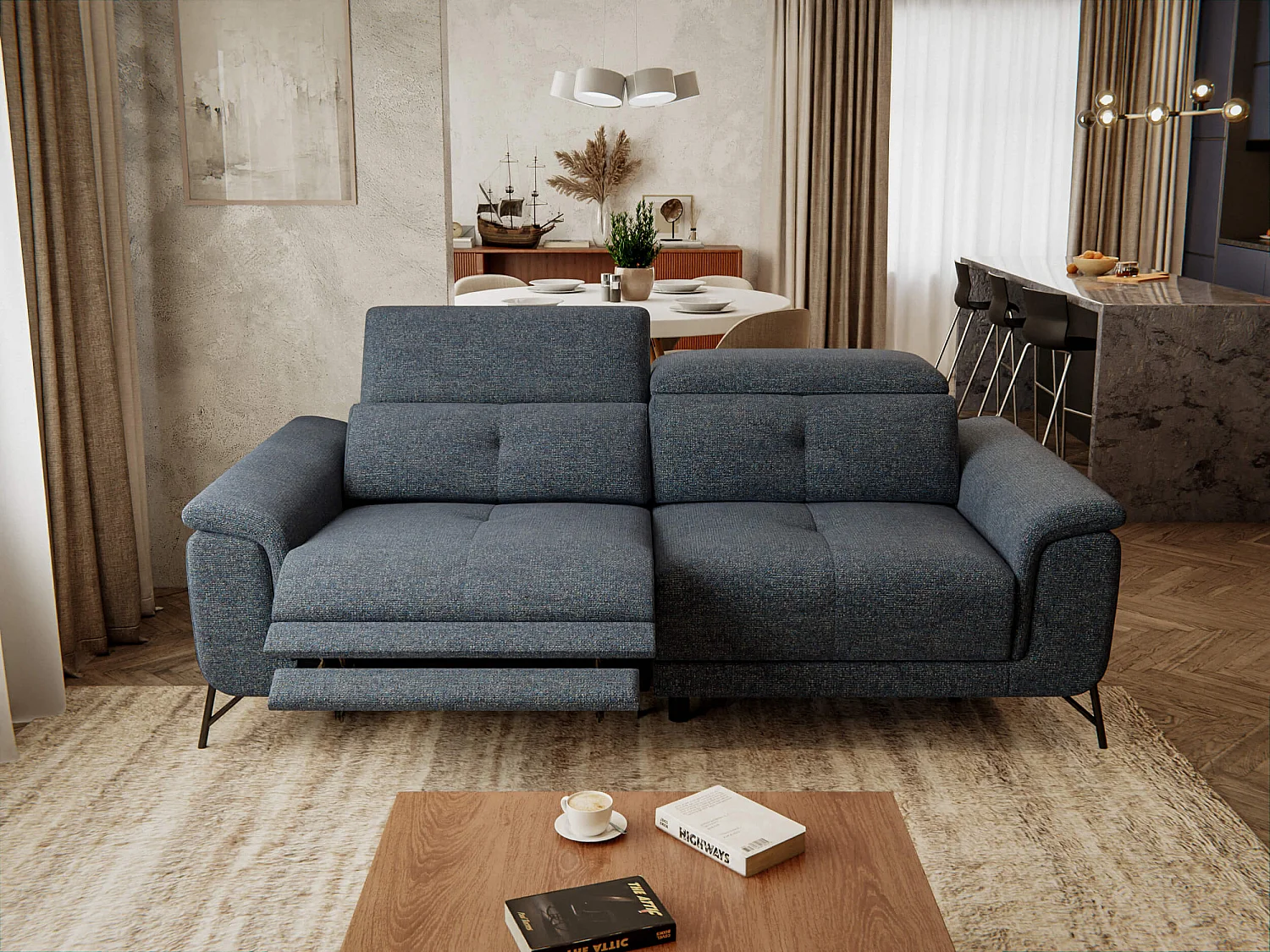 Canapé 3 places avec un relax électrique à gauche tissu bleu foncé - AVENA