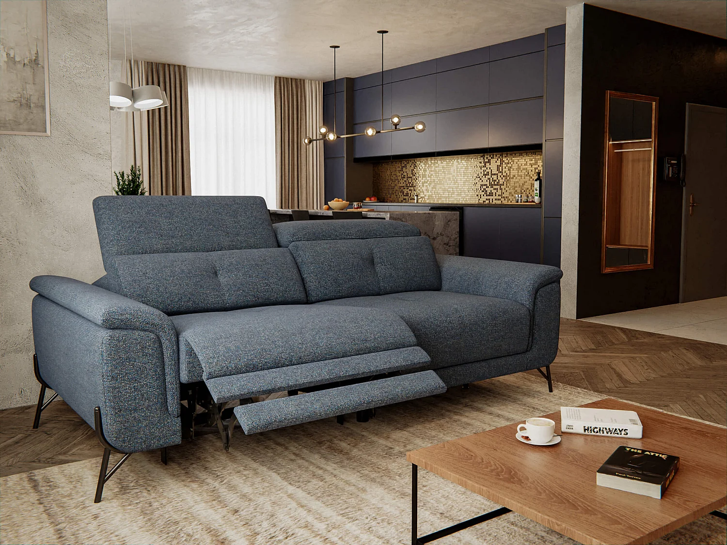 AVENA Sofa 3-Sitzer mit 1 Relaxfunktion und verstellbare Kopfstützen, marineblau